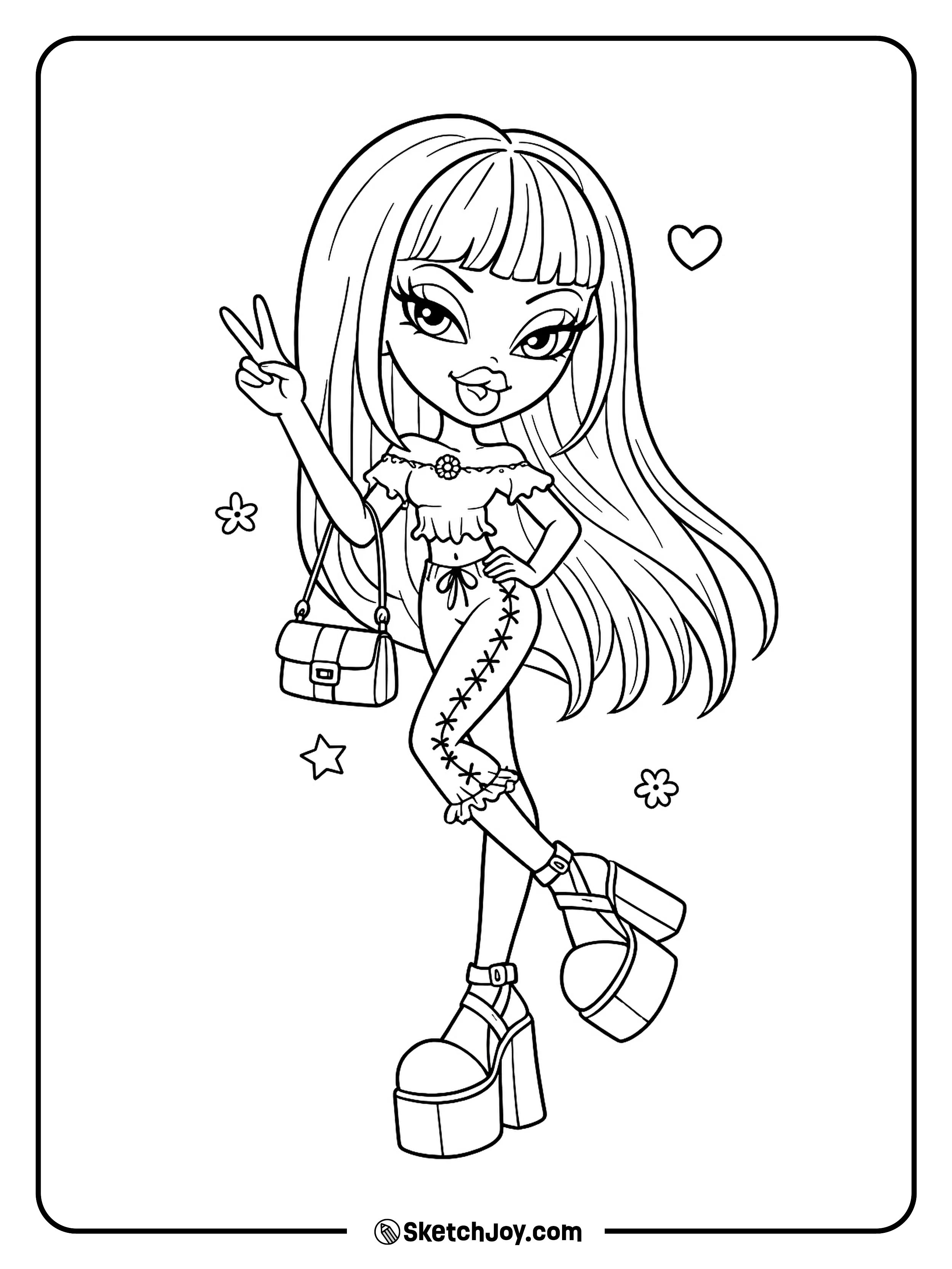 Cloe stands in her famous look with a fun peace sign and big smile.