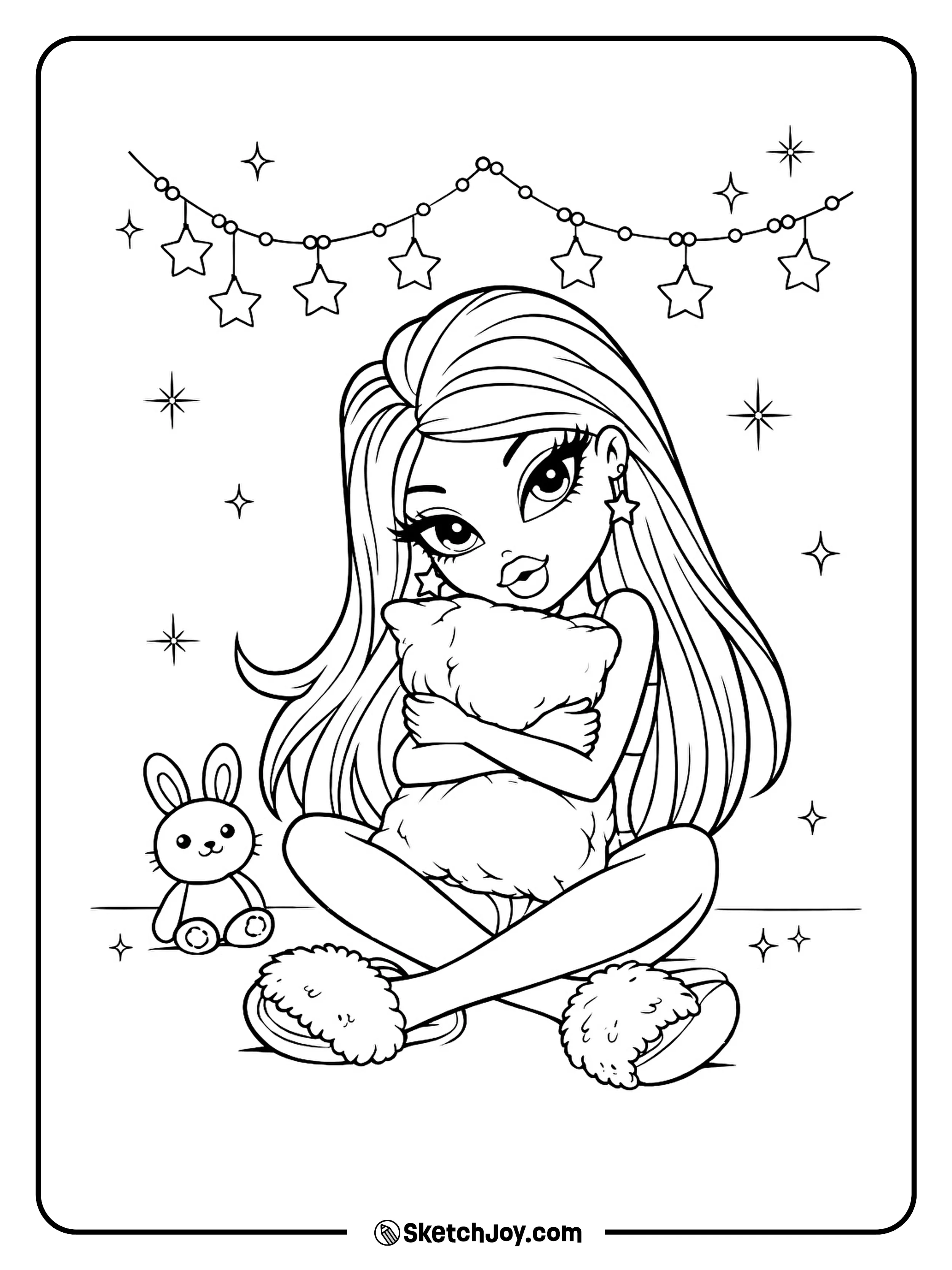 Cloe hugs a pillow with a tiny star garland and slippers nearby.