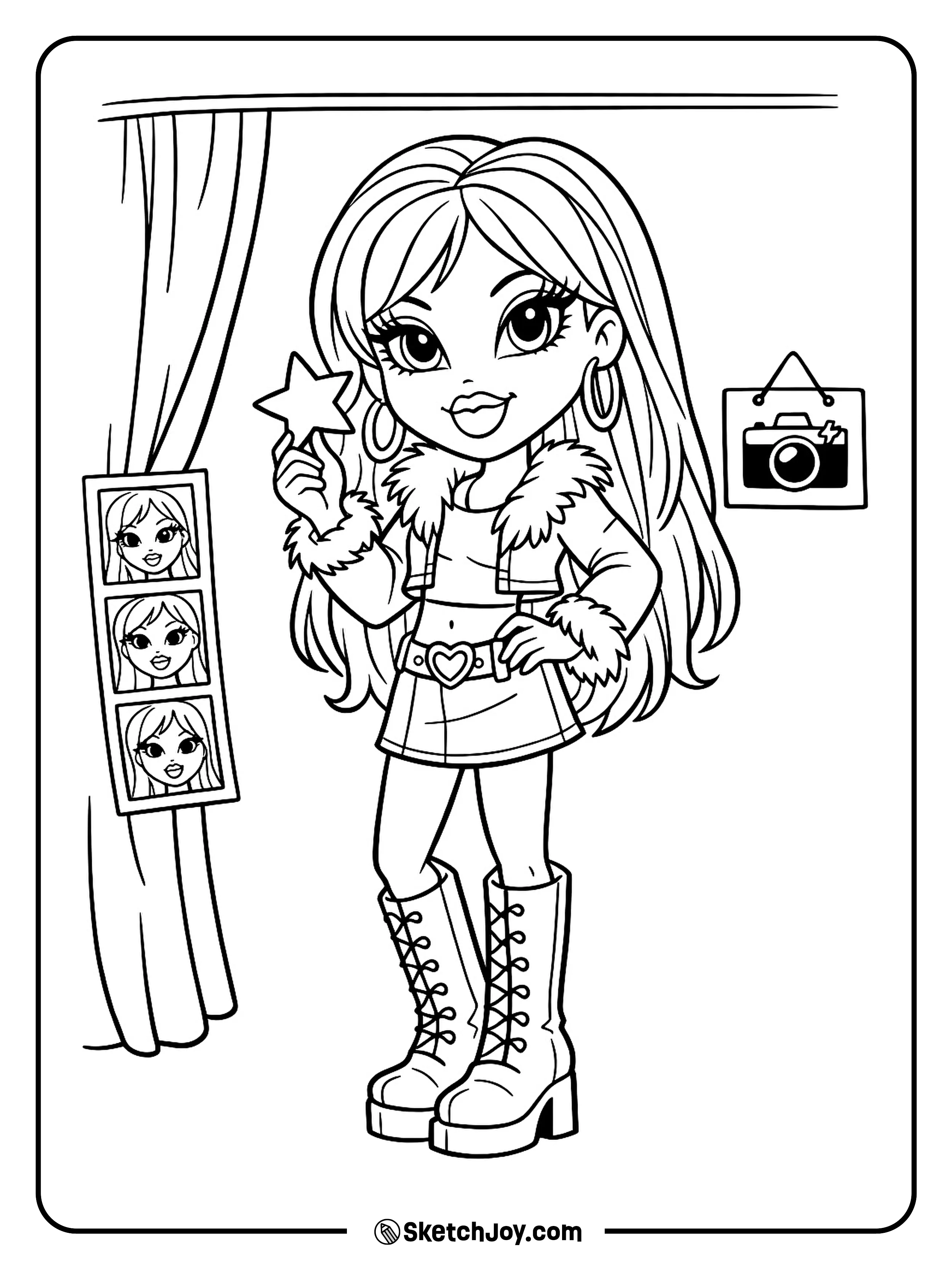 Cloe holds a silly prop near a photo booth curtain and a tiny camera icon.