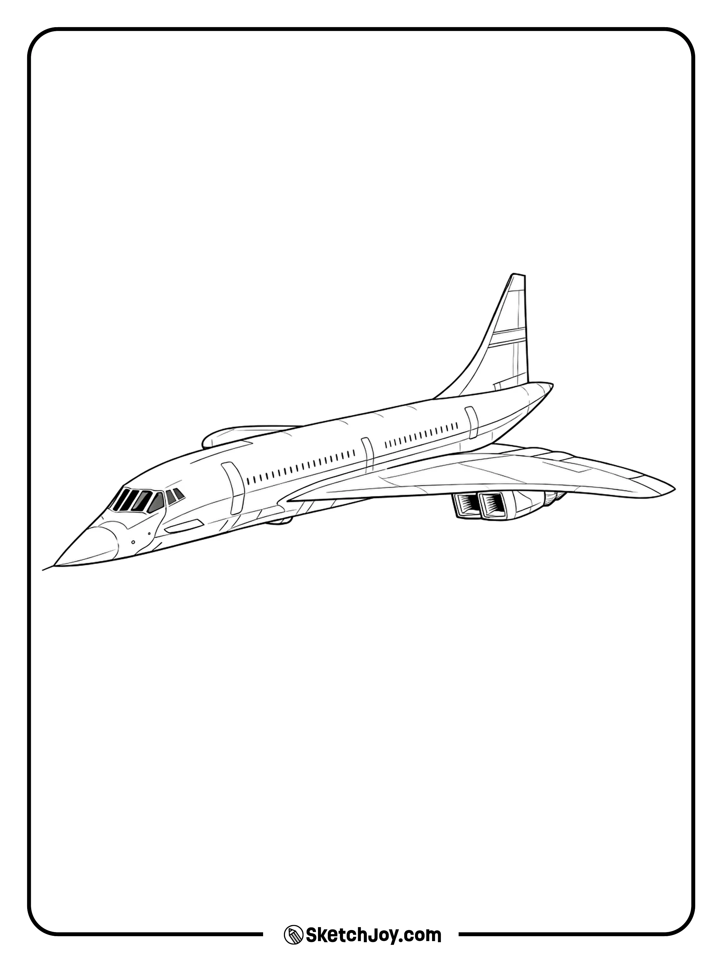 Concorde is shown with its long nose and smooth delta wing.