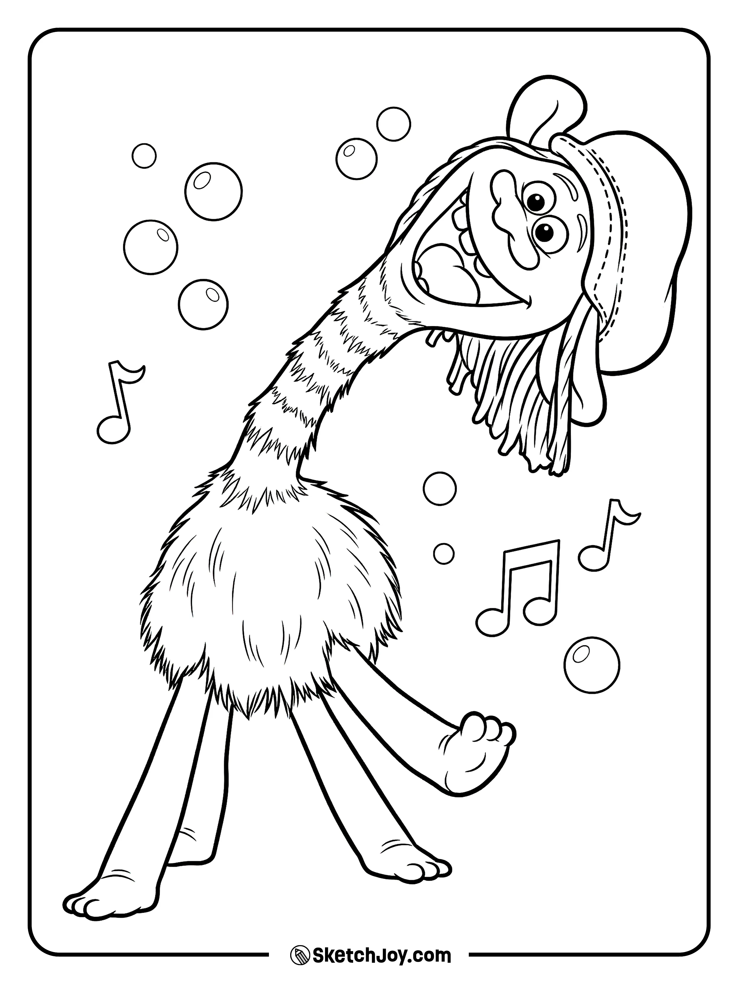 Cooper sings happily as bubbles and music notes float around him.