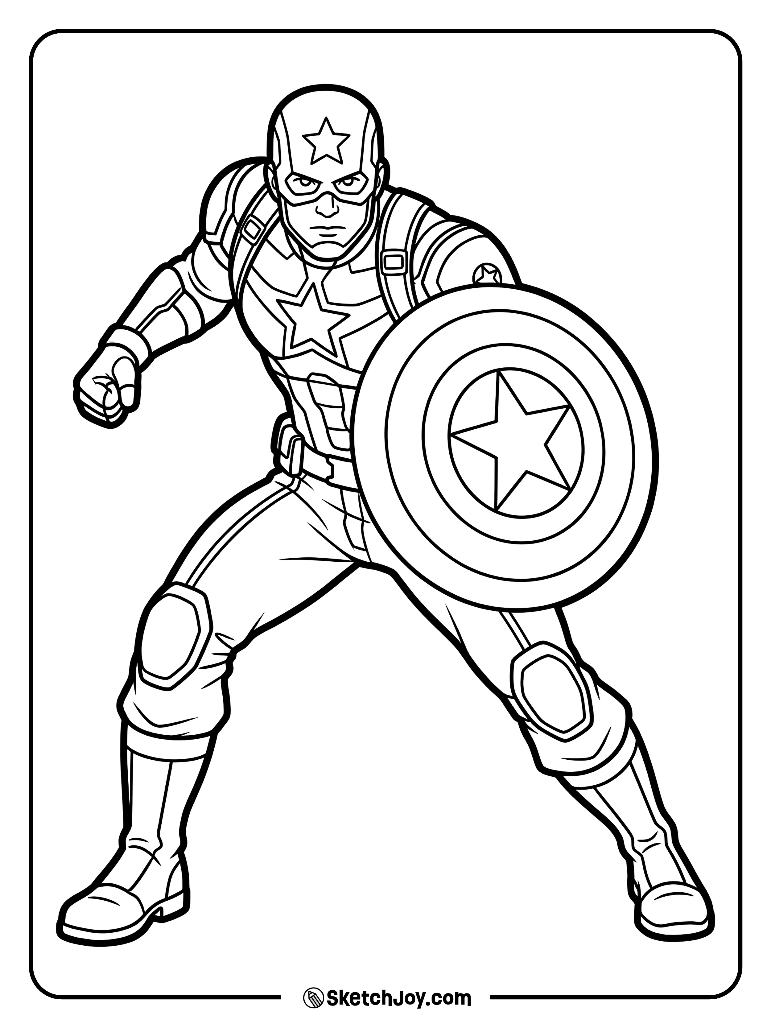 Captain America crouches low behind his shield.