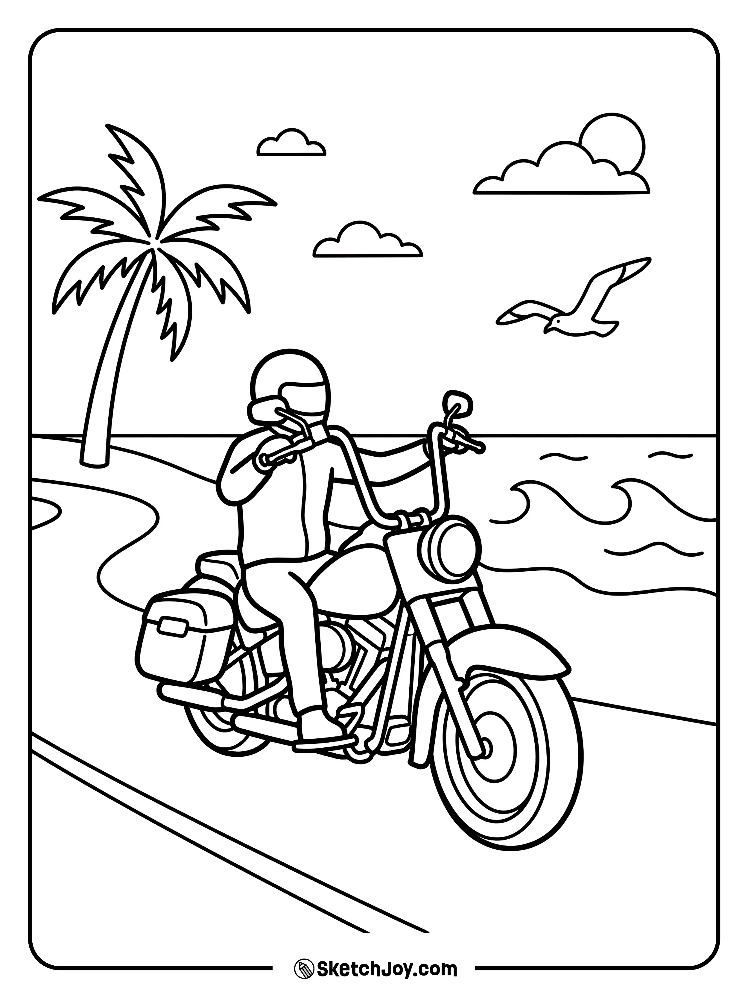 A cruiser rolls along with waves in the back.