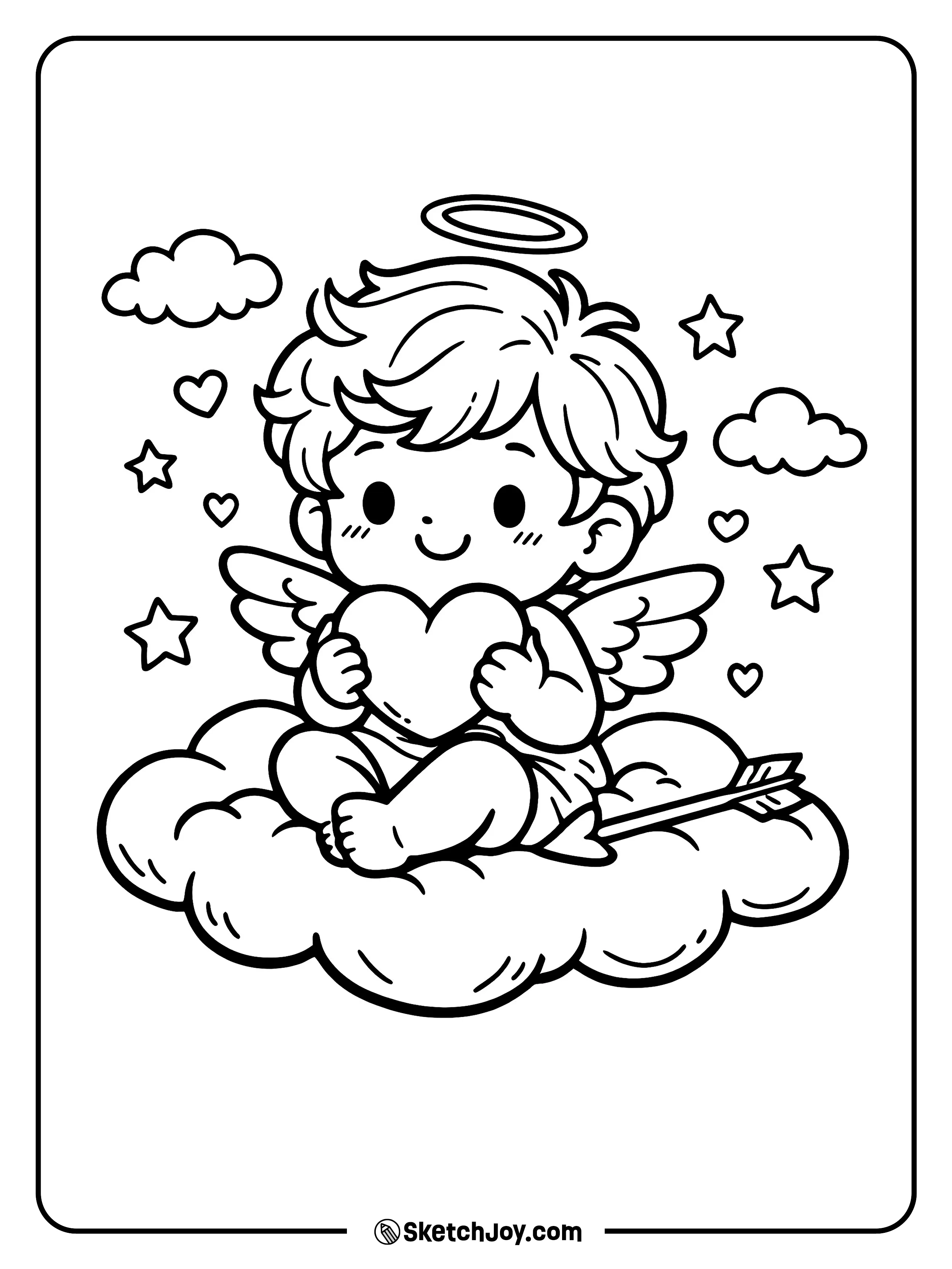 Cupid sits on a cloud and holds a heart.