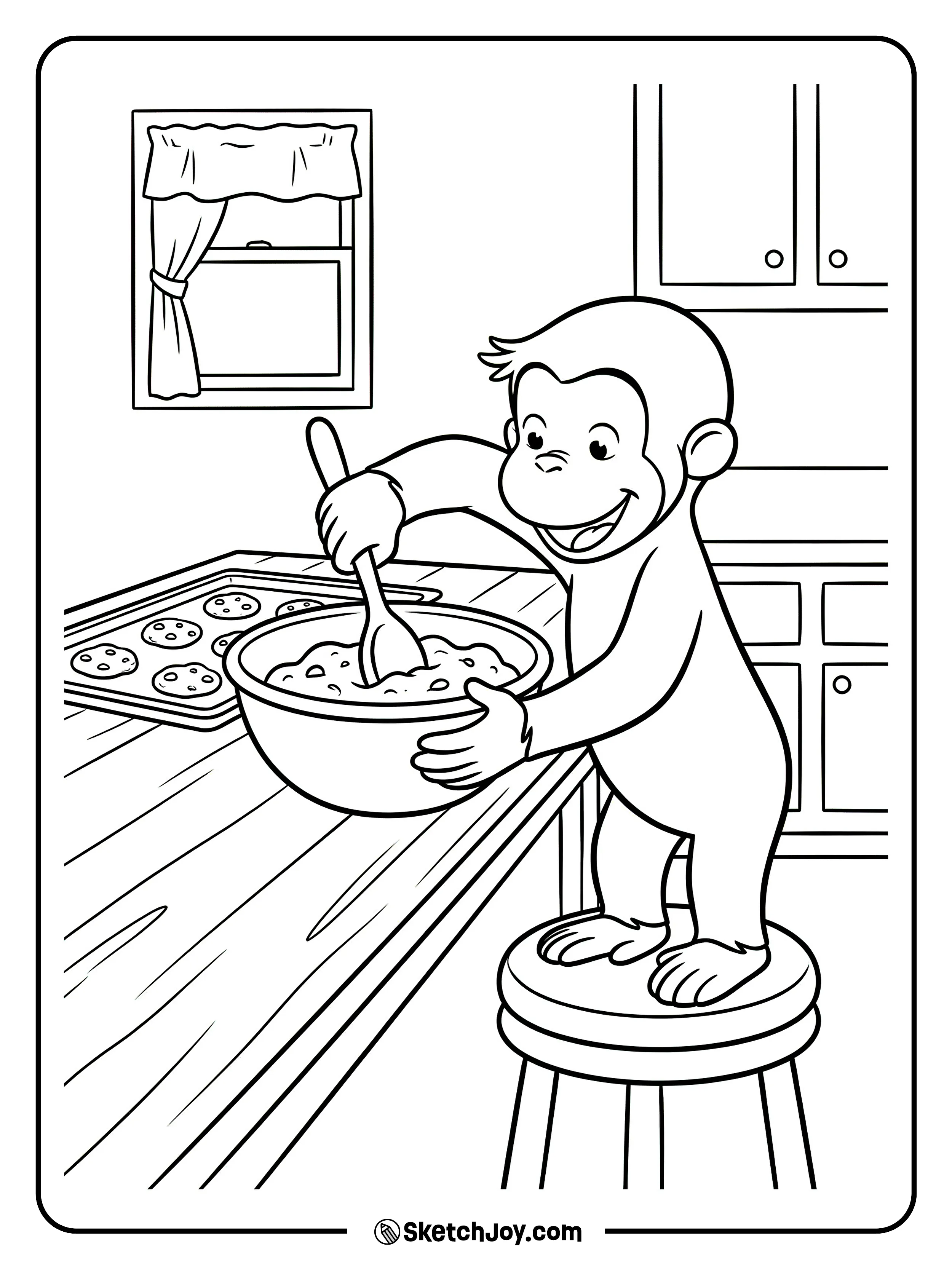 George stirs dough and makes a small mess.