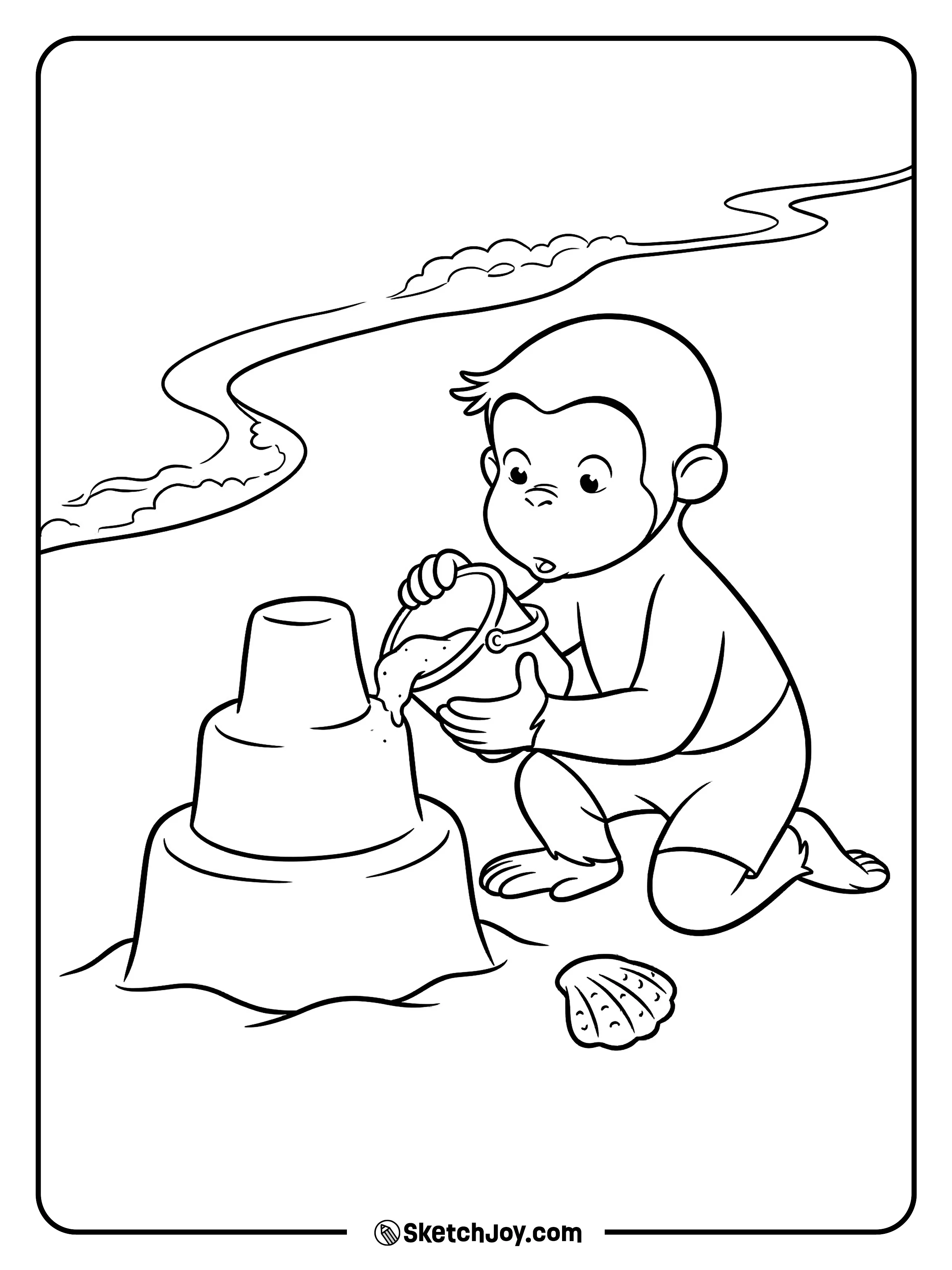 George pats sand into a tall castle by the water.