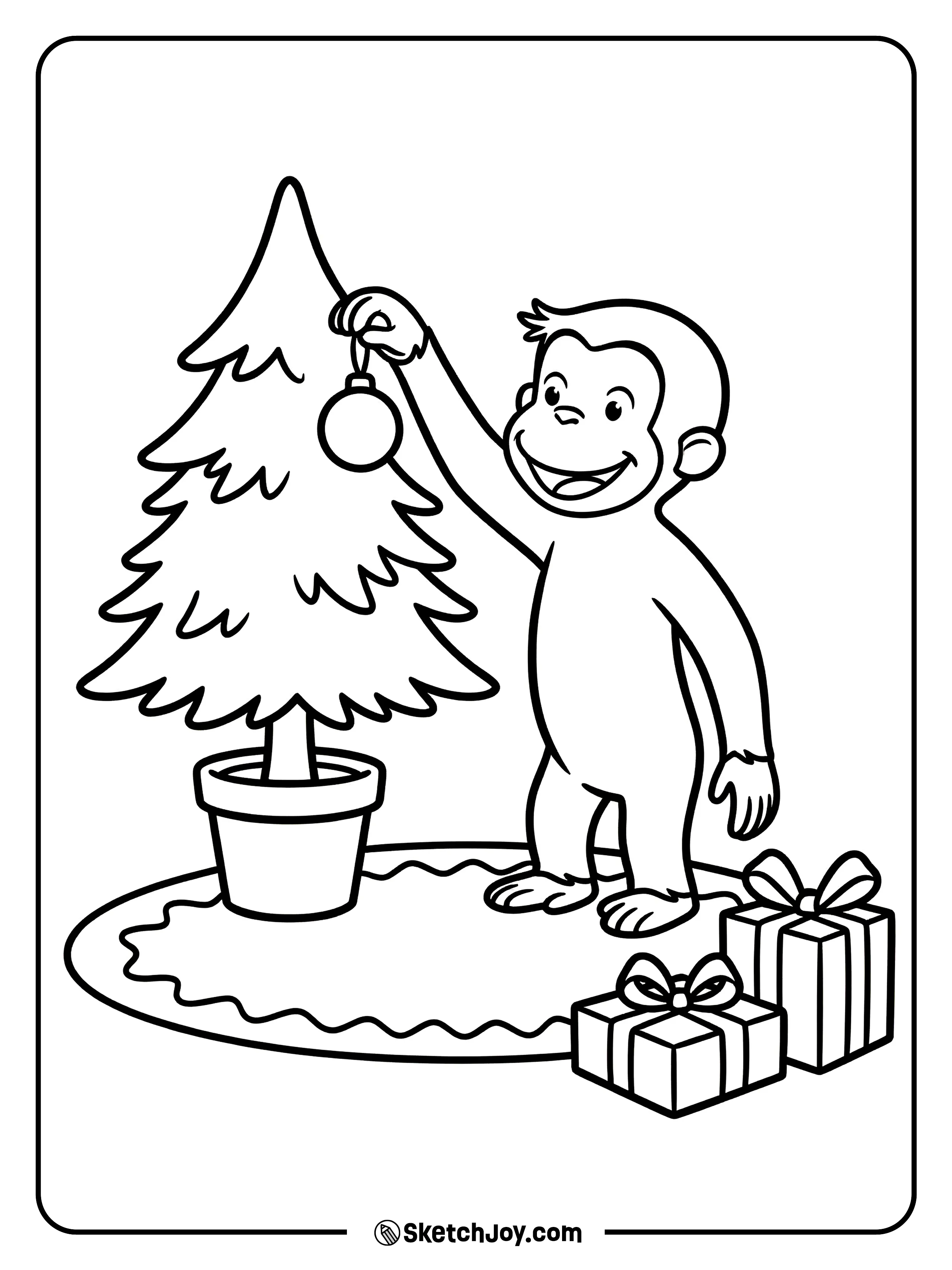 George puts an ornament on a small tree.