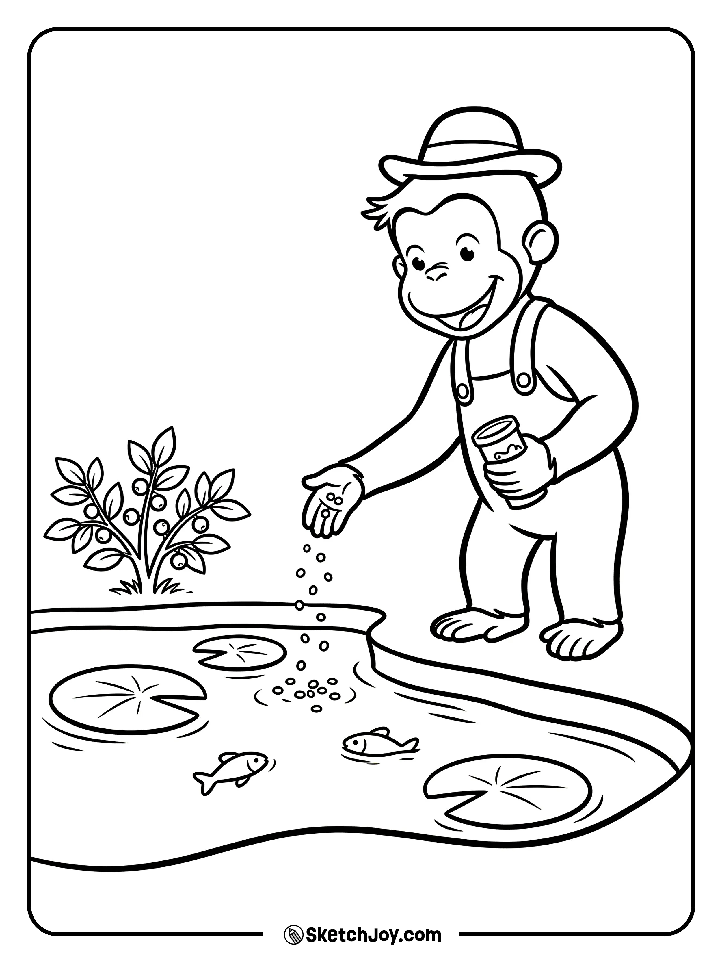 George drops fish food and watches the splash.