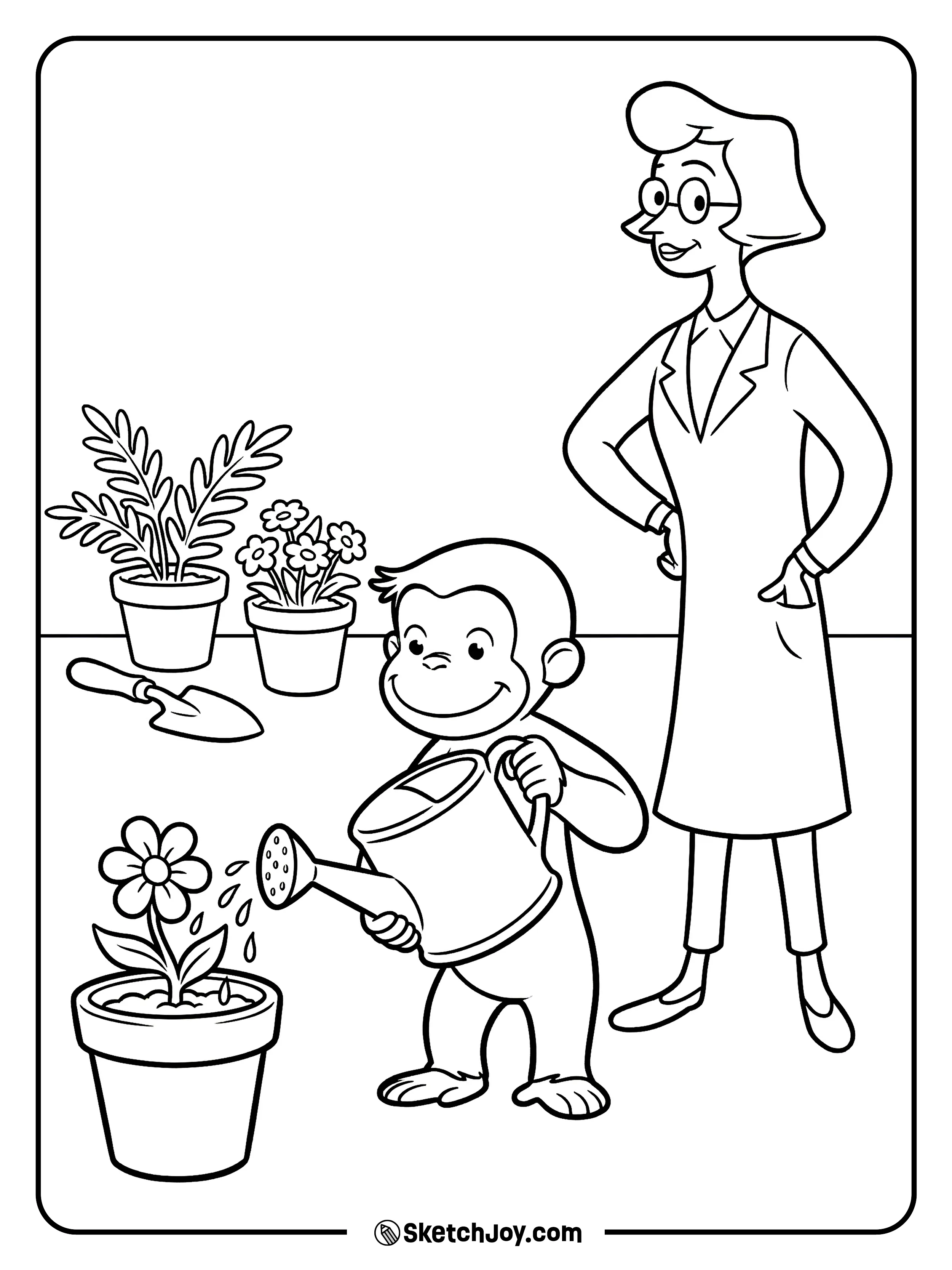 George waters a plant while Professor Wiseman smiles.