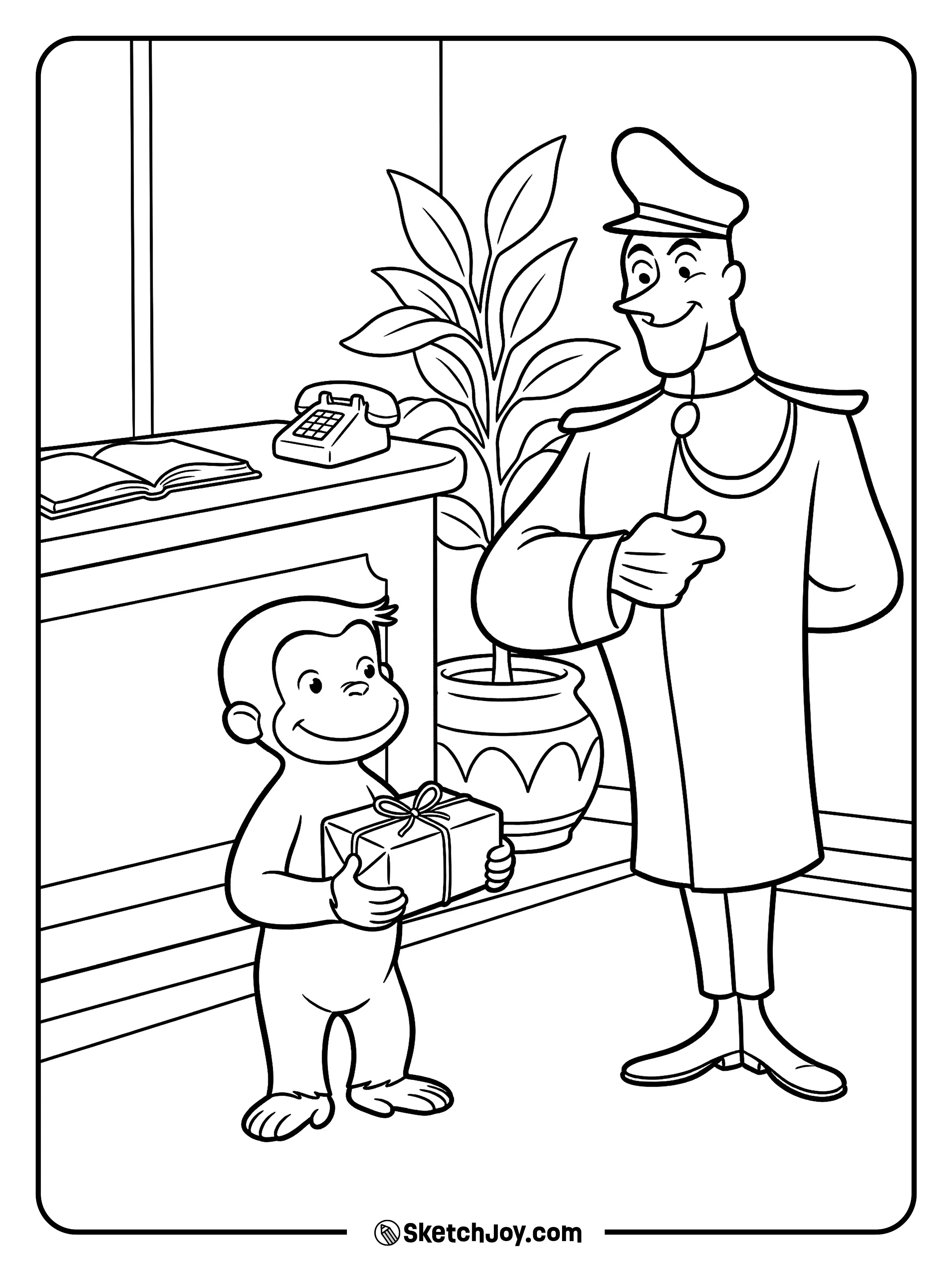 George holds a small package like a helpful friend.