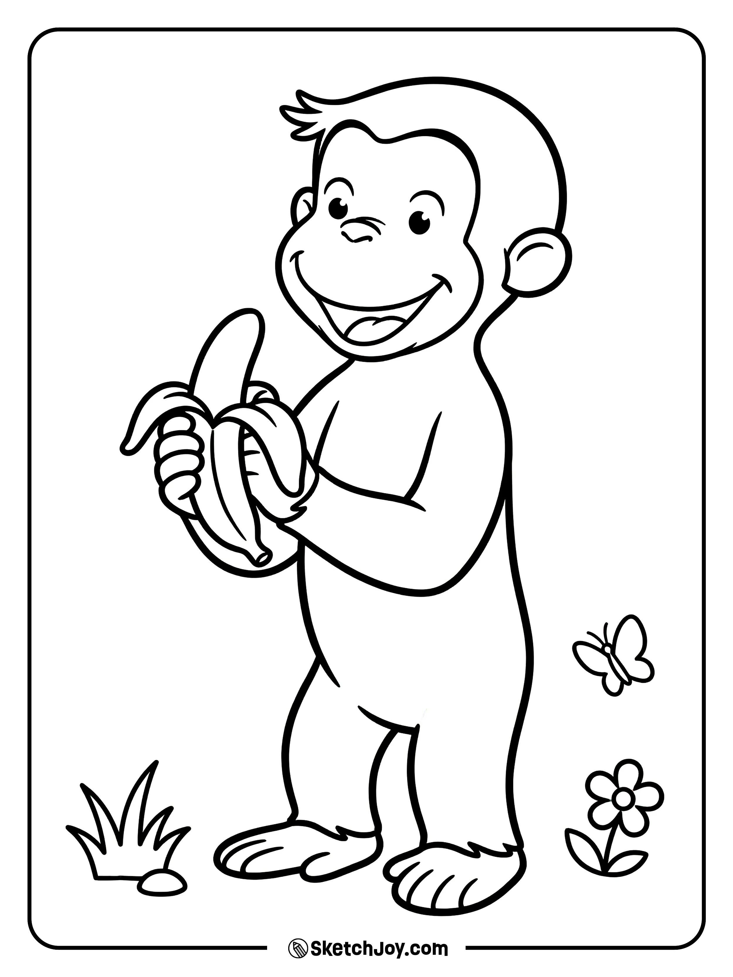 George holds a banana and looks proud of his snack.