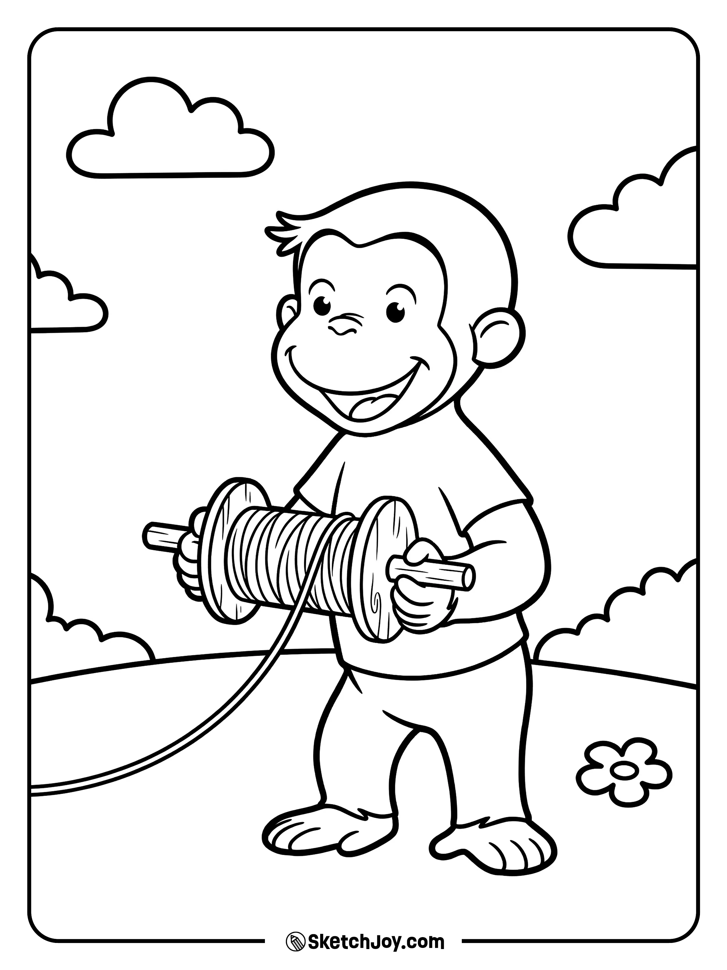 George holds a kite string and smiles at the sky.