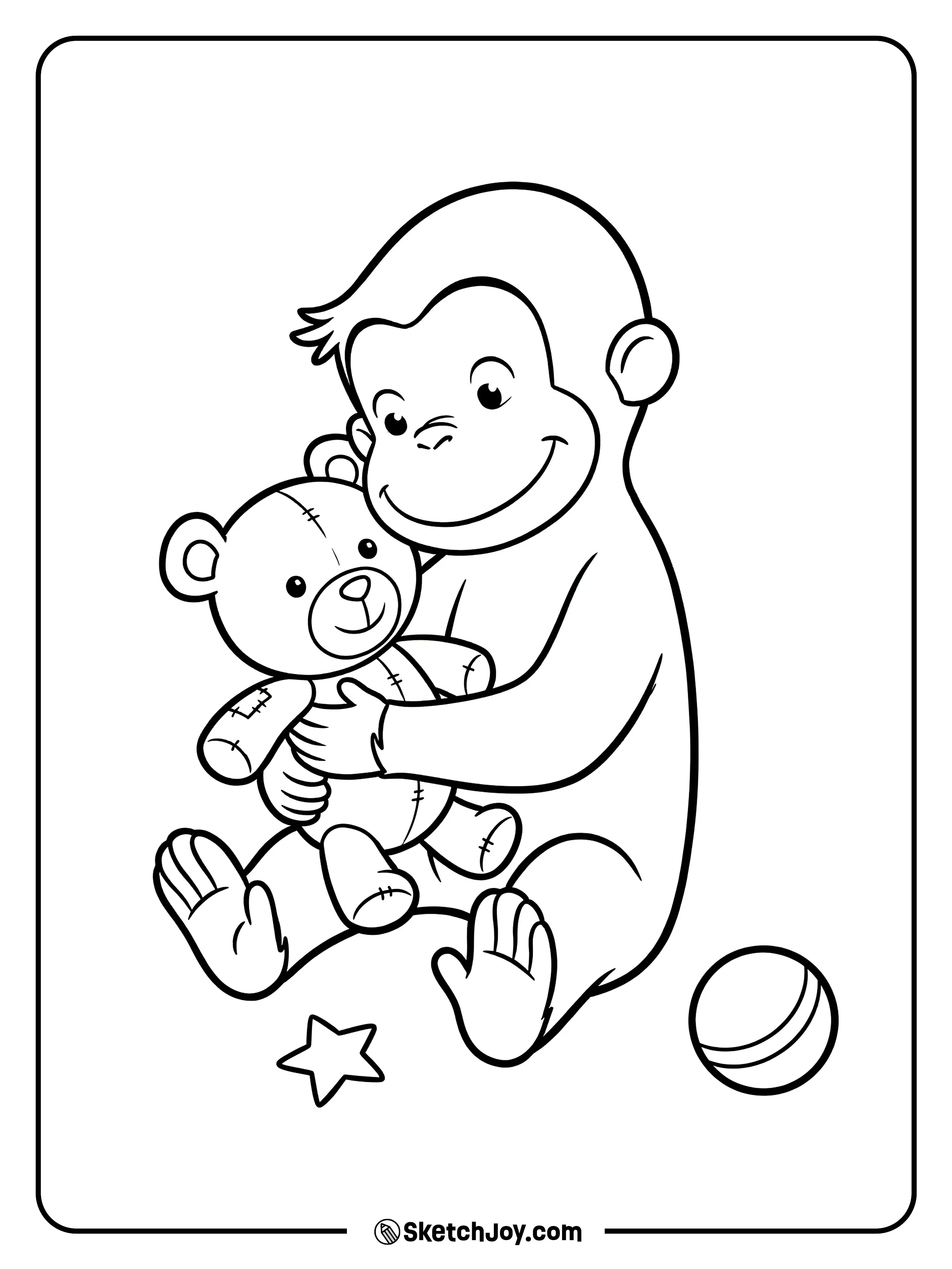 George hugs his teddy bear tight and looks calm.