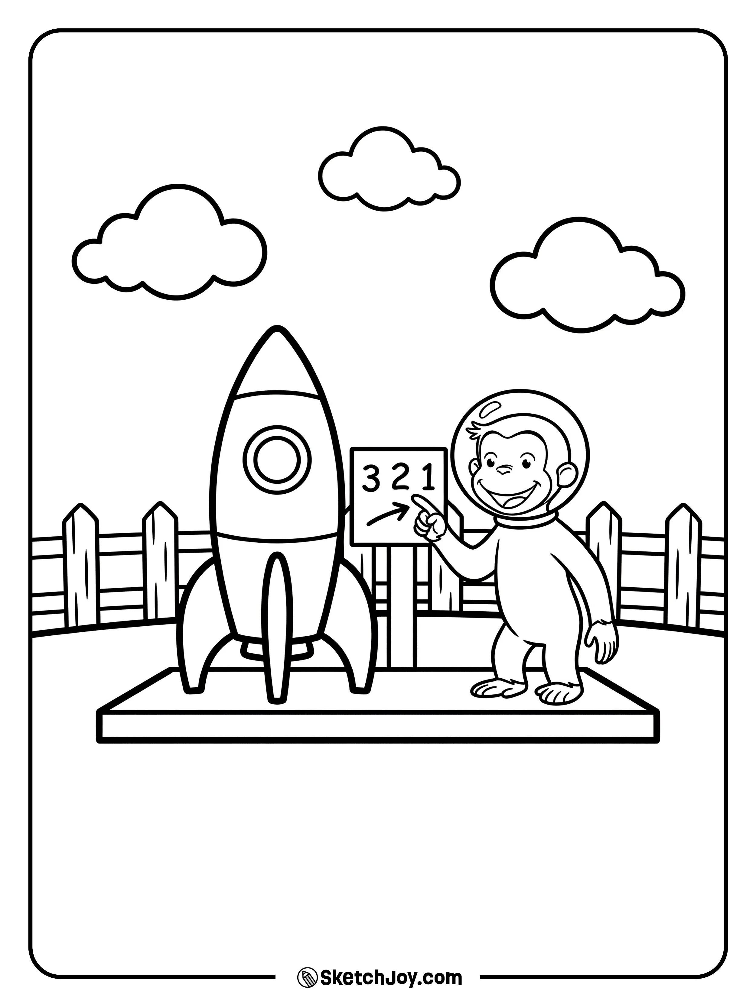 George points at a big countdown number near the rocket.