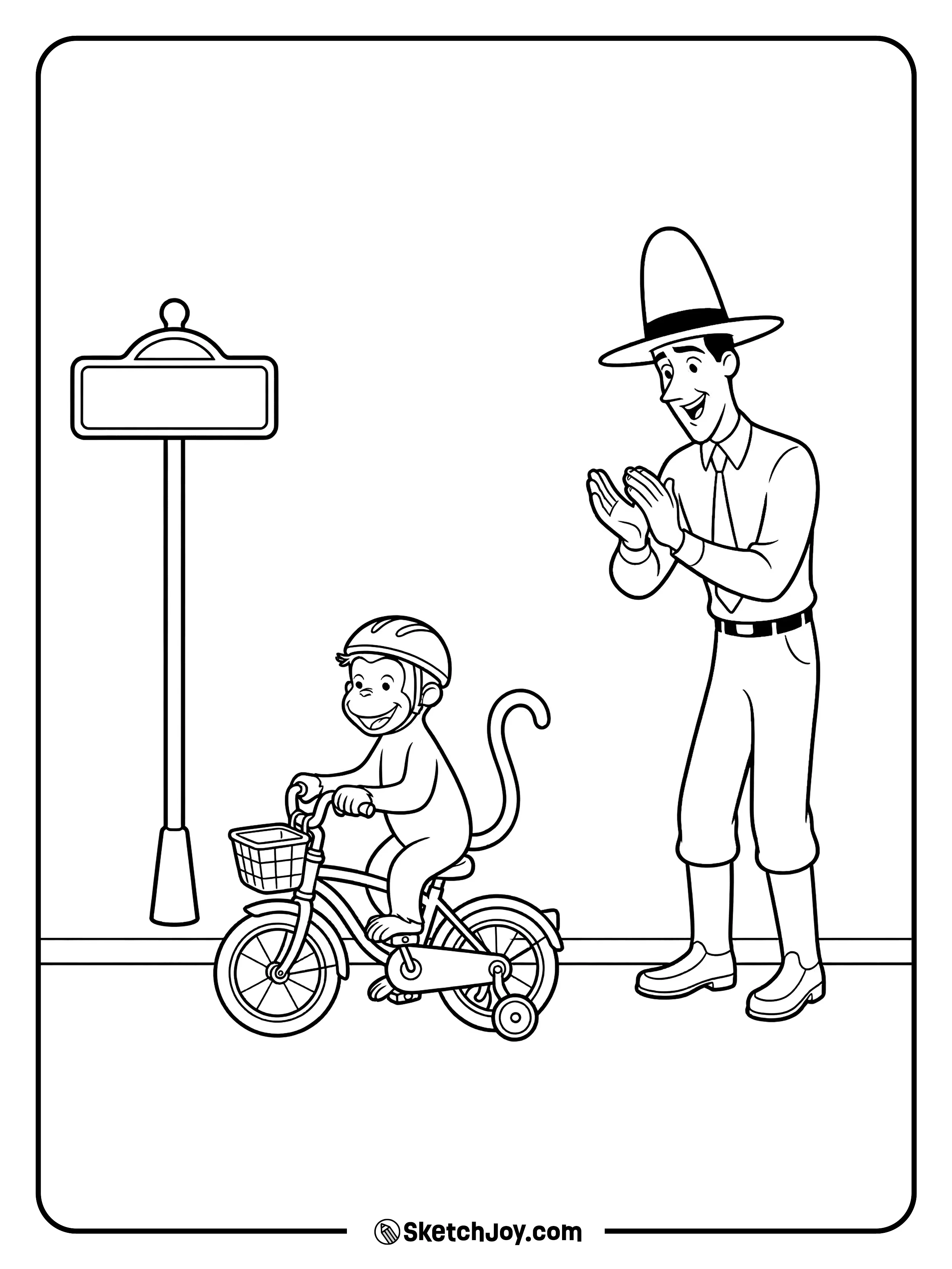 George pedals a bike while the yellow hat cheers him on.