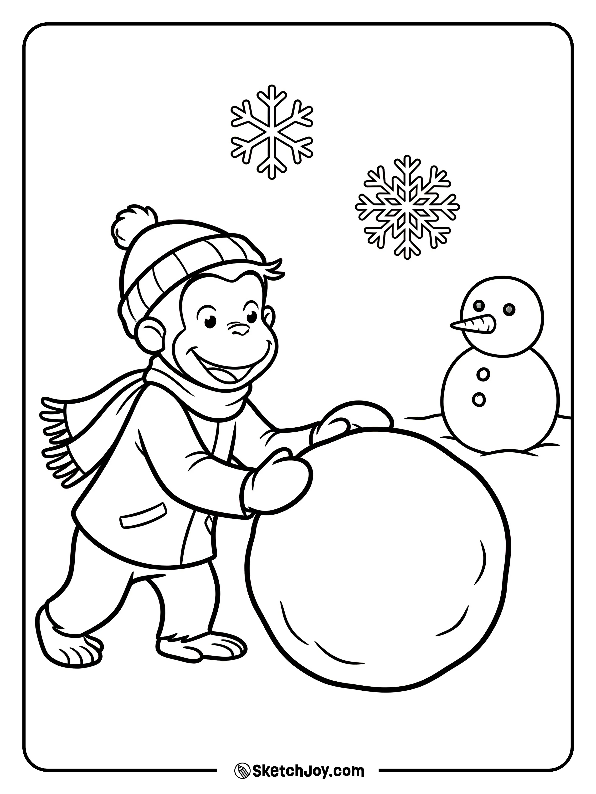 George rolls a big snowball and laughs.