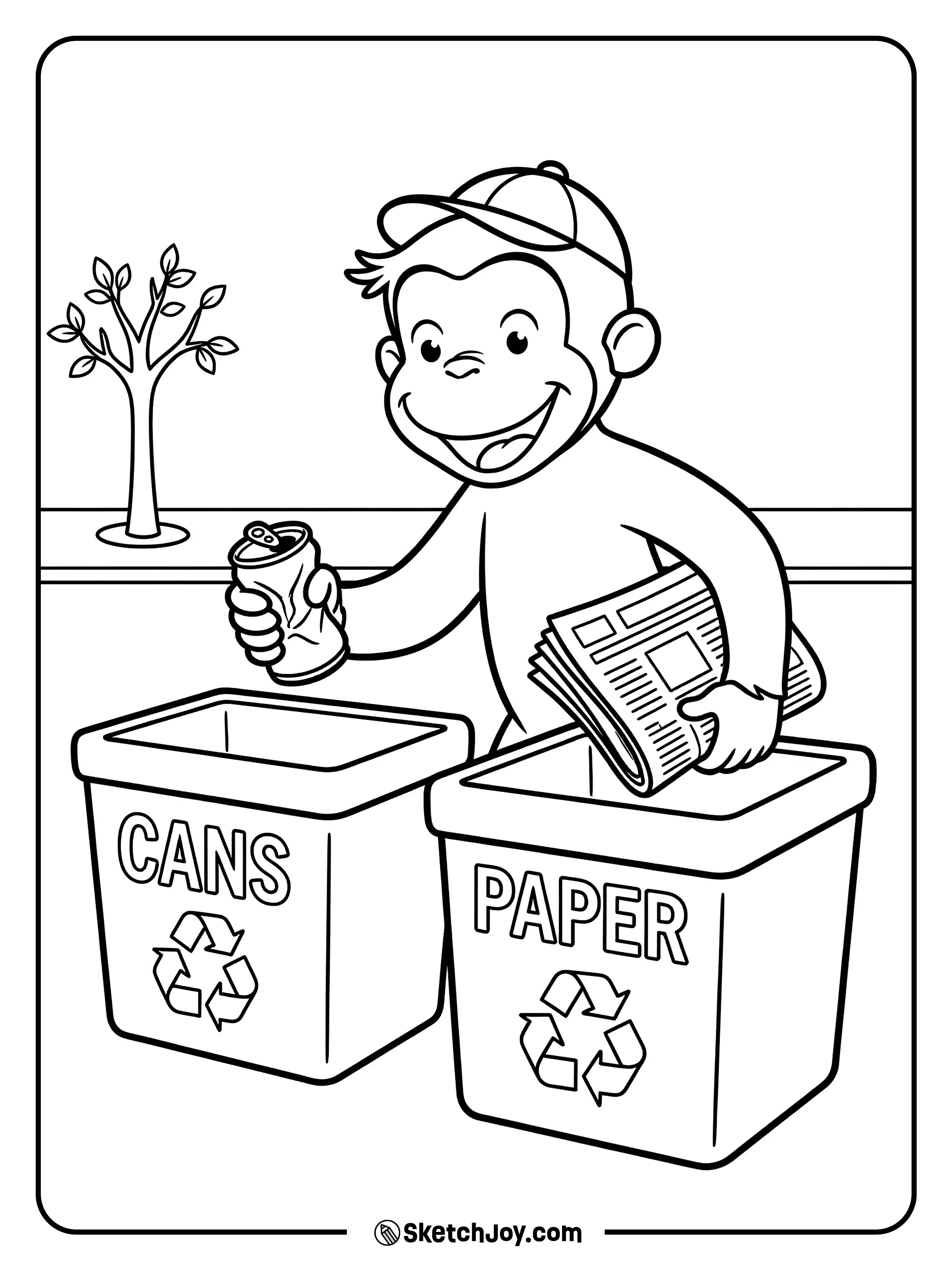 George sorts cans and paper into the right bins.