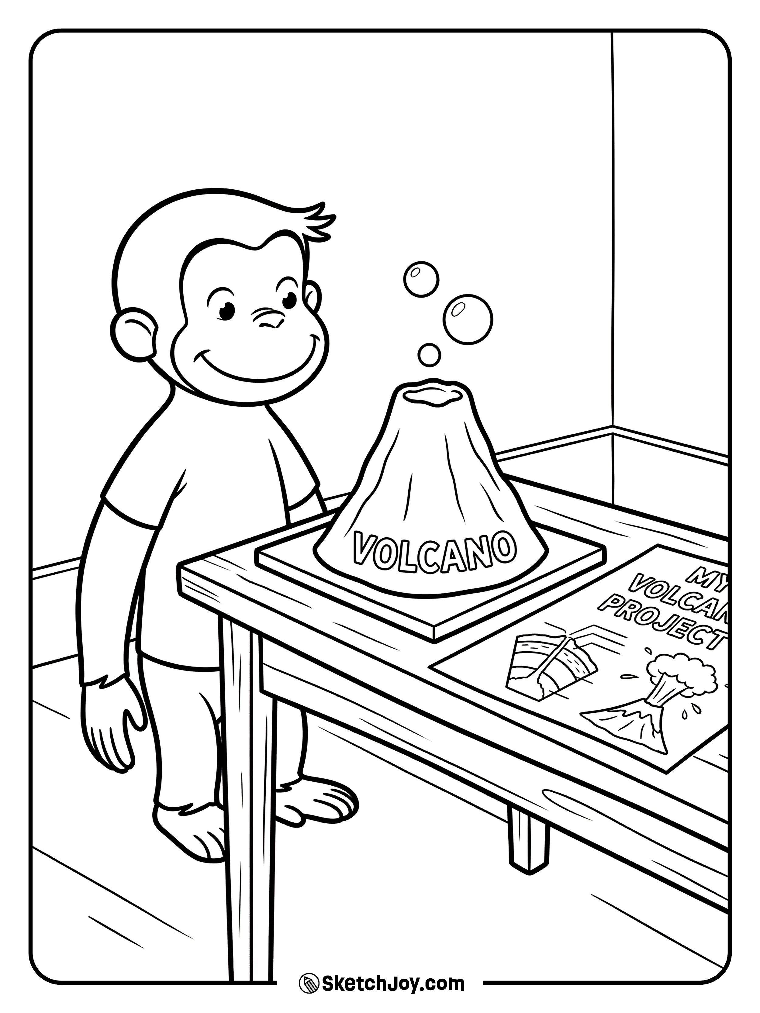 George watches a volcano model bubble up.