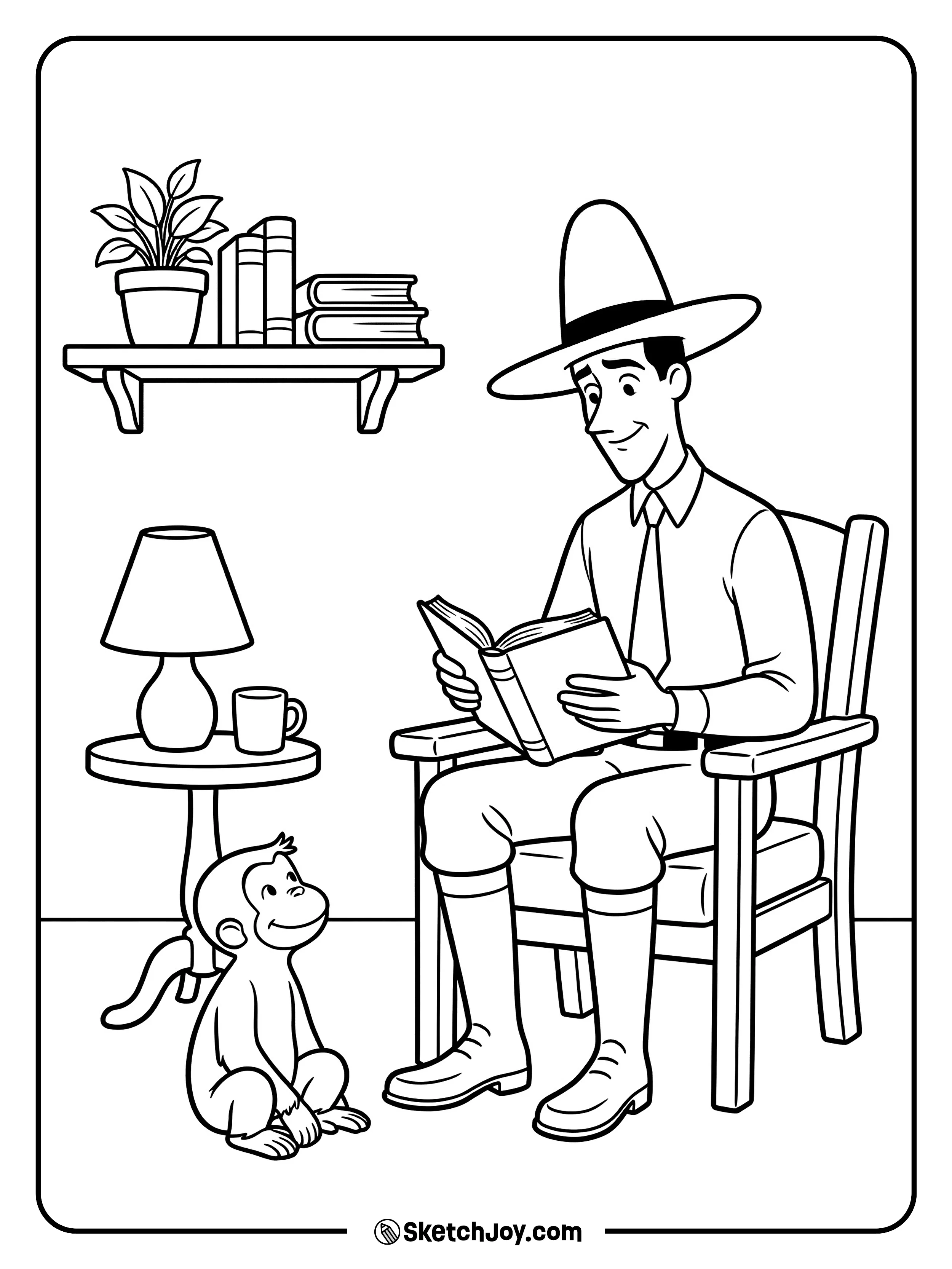 The man in the yellow hat reads while George listens close.