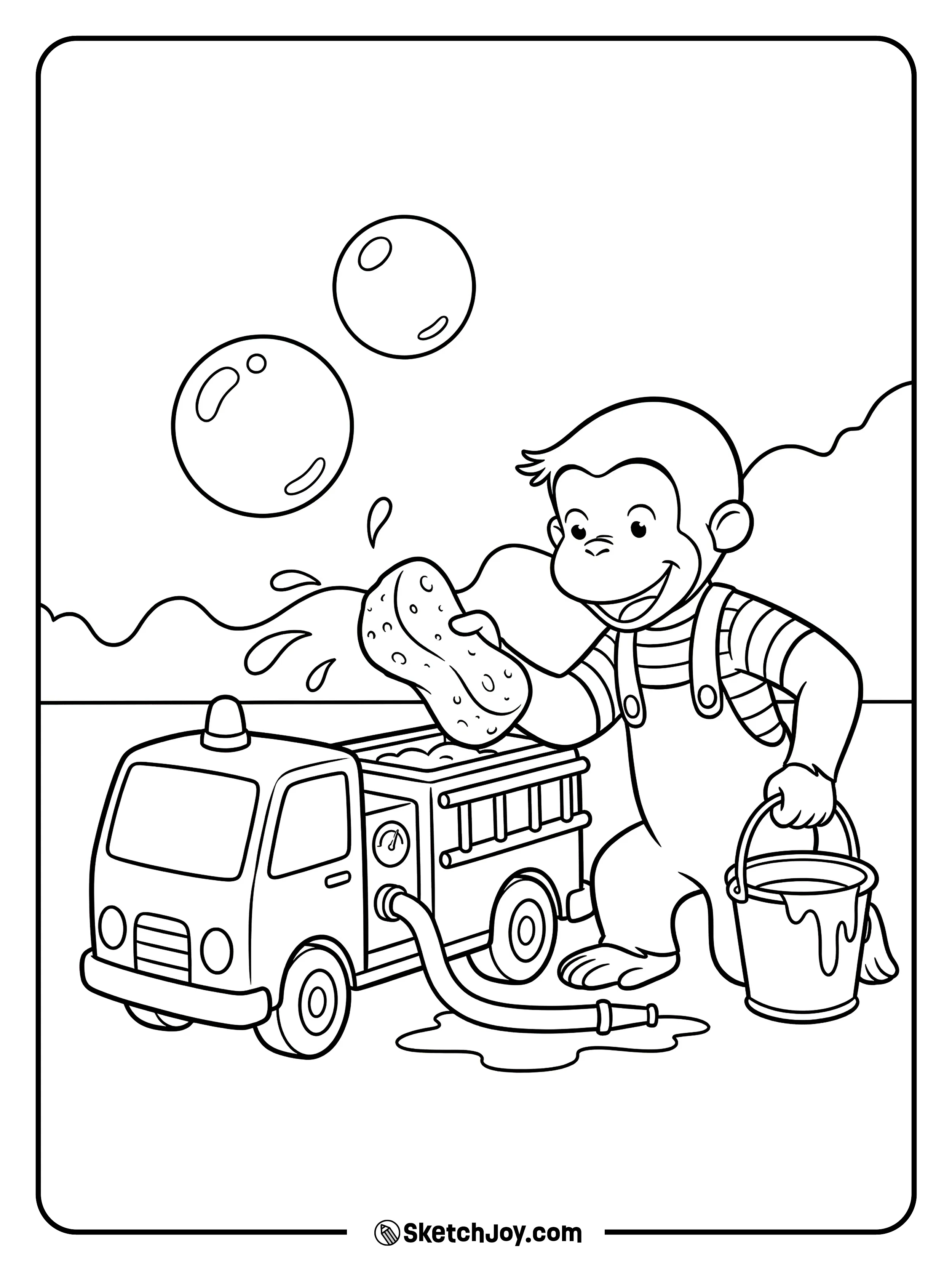 George sprays water and smiles at the bubbles.