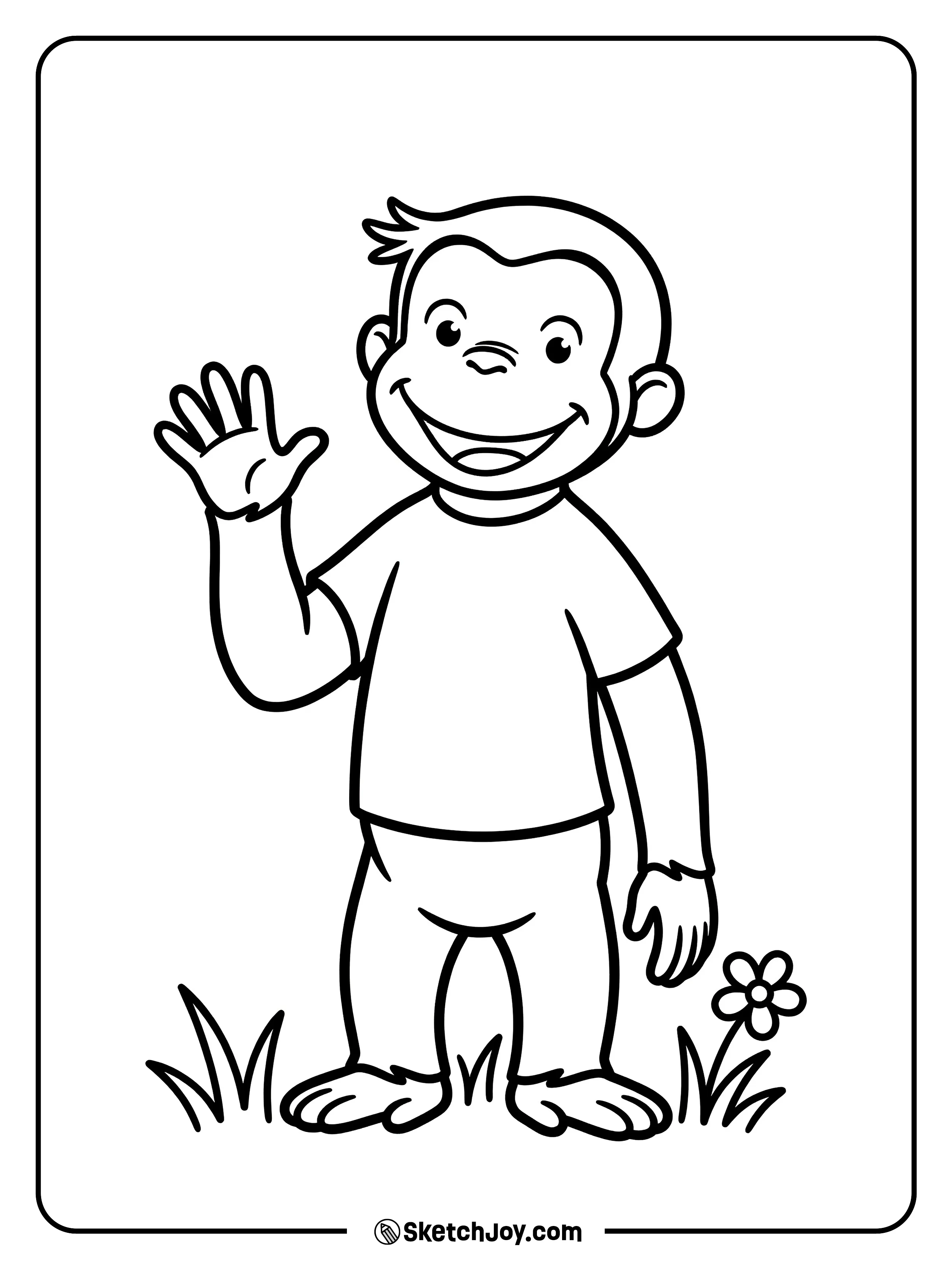 George gives a big friendly wave and a happy smile.