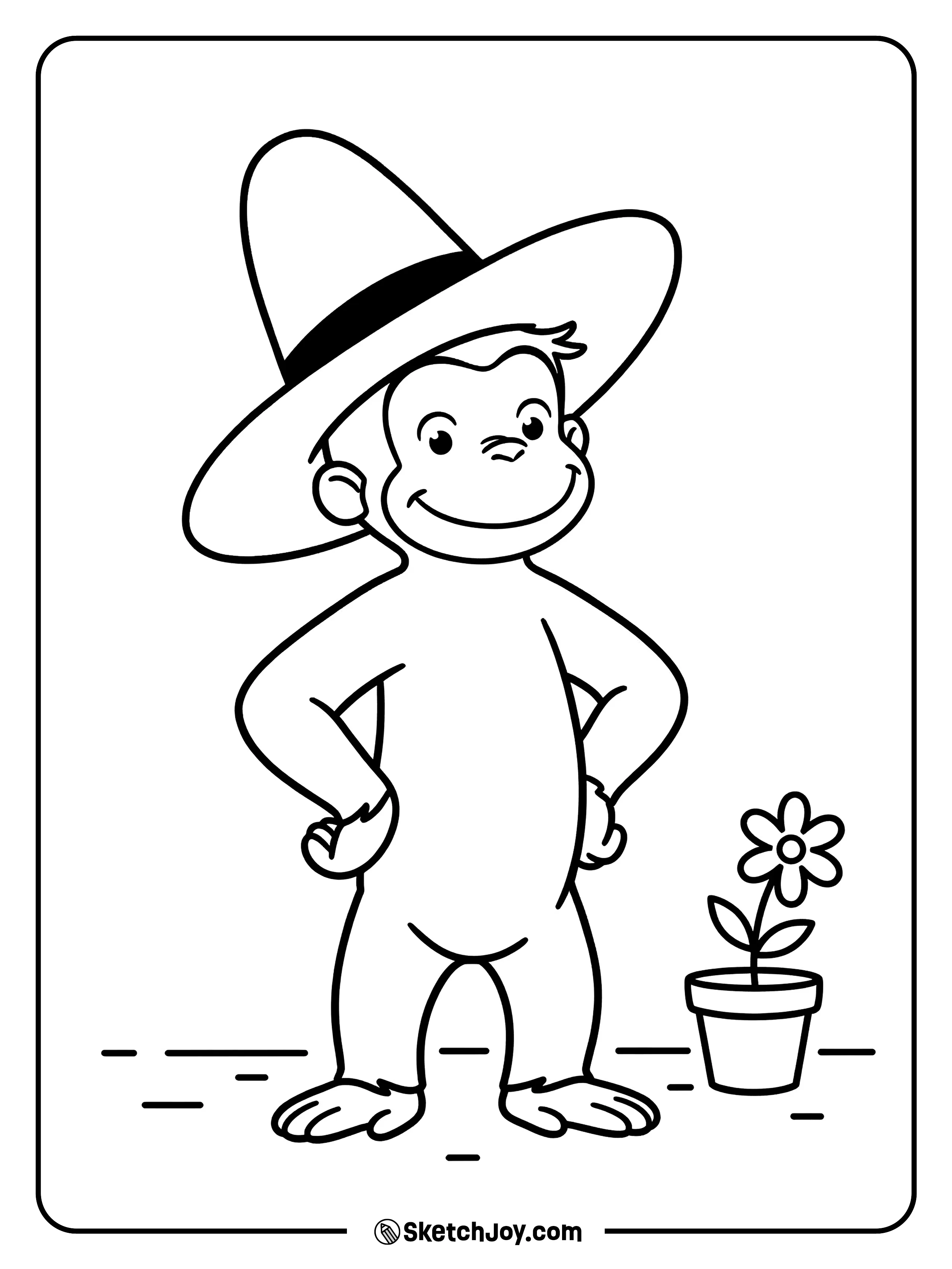 George wears the yellow hat and stands tall like a helper.