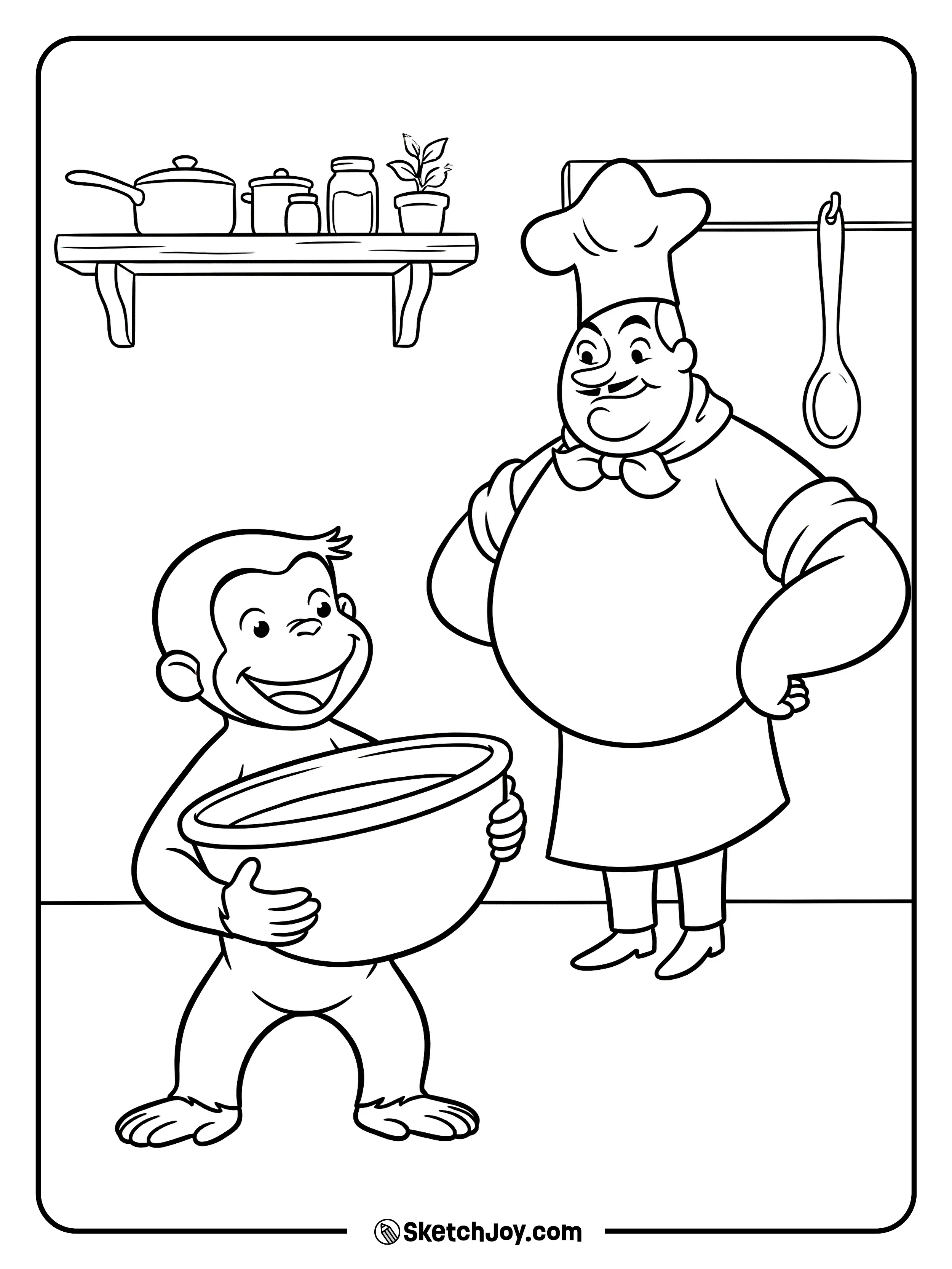 George helps carry a big bowl in the kitchen.