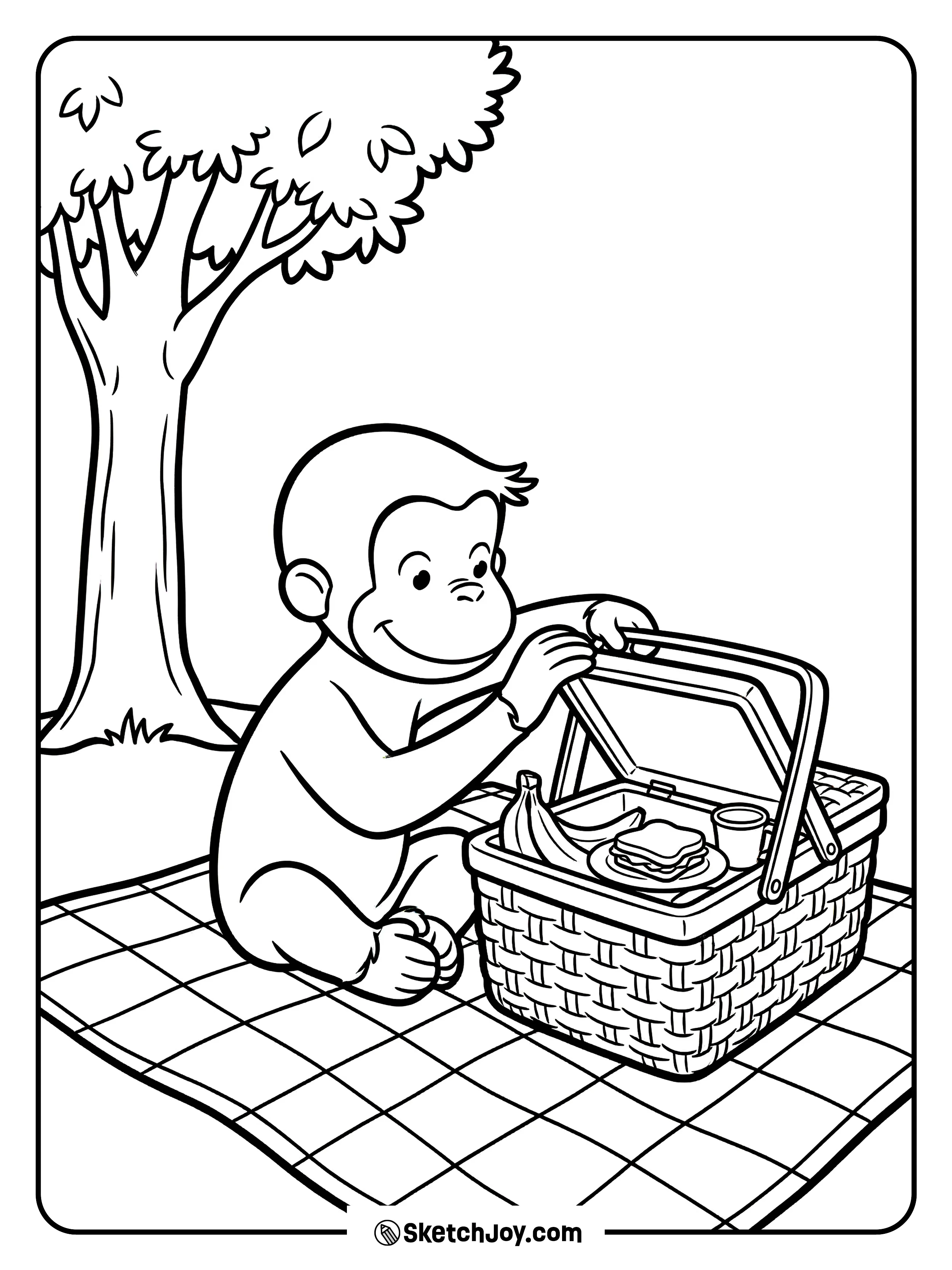 George opens a picnic basket and spots a snack.
