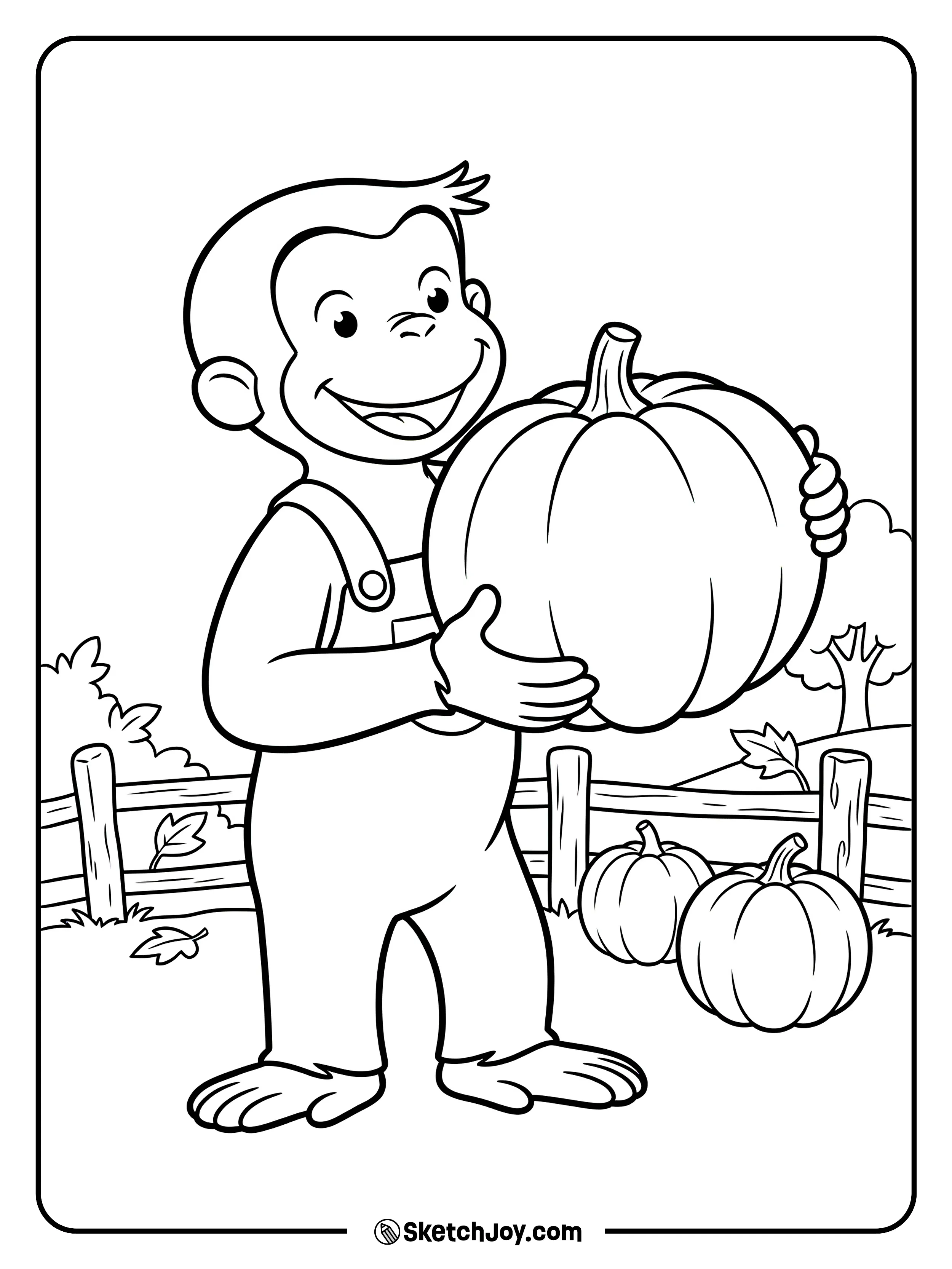 George picks a pumpkin that is almost his size.