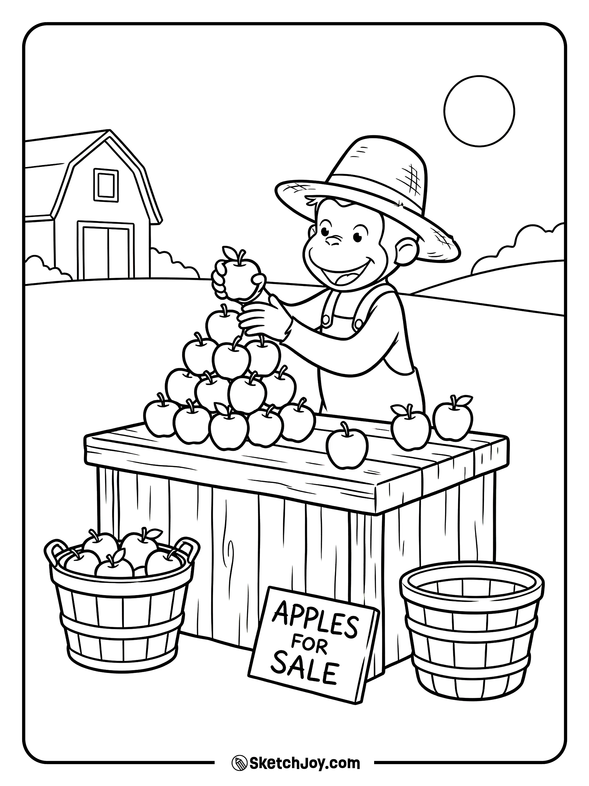 George stacks apples into a neat pile.