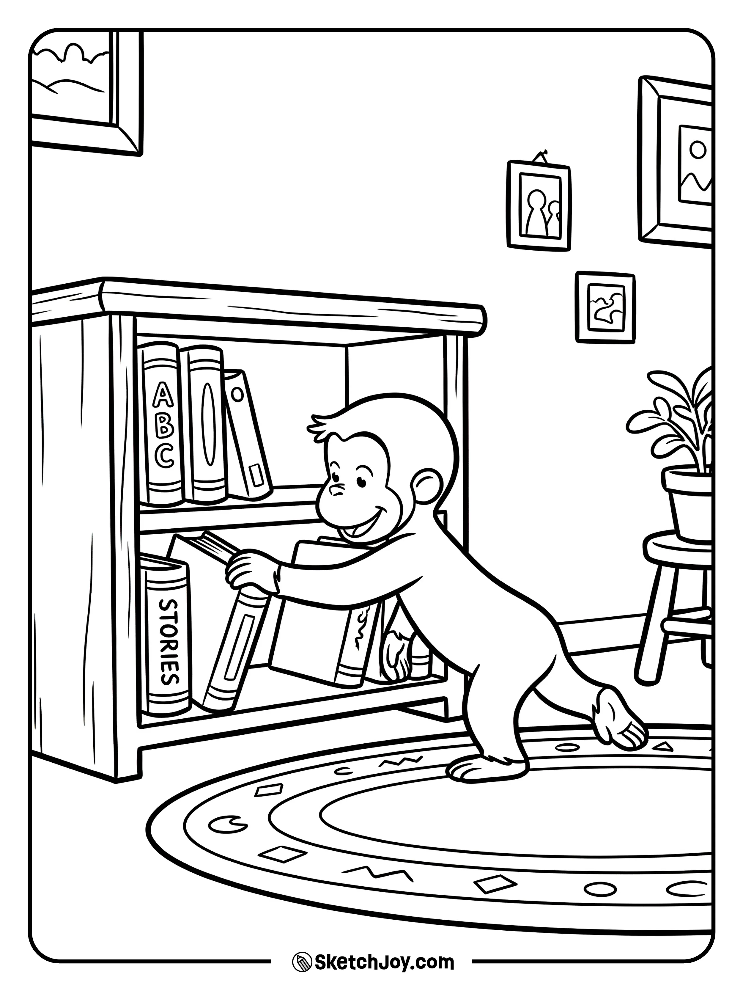 George reaches for a book on a low shelf.