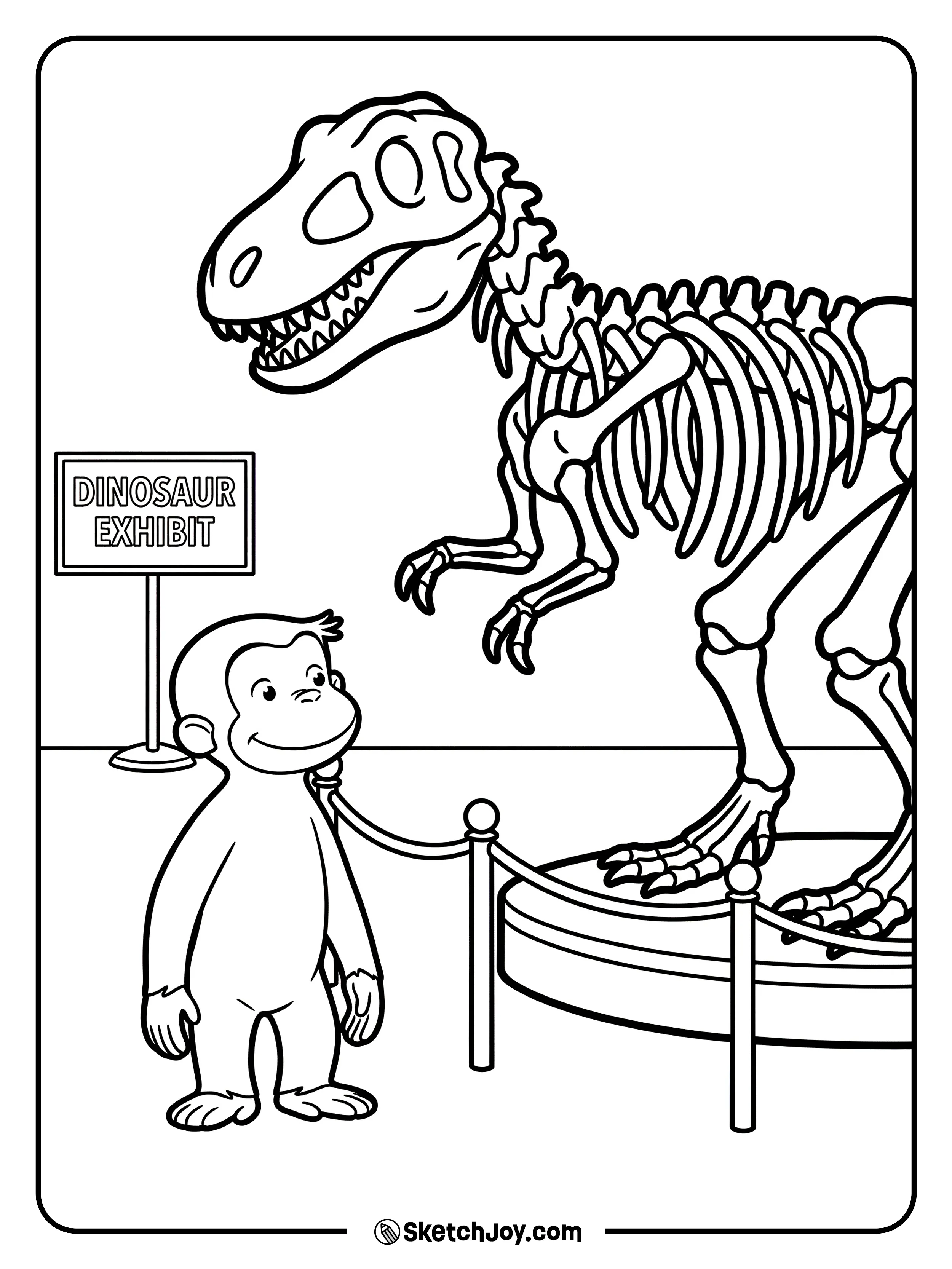 George points at a huge dinosaur skeleton display.