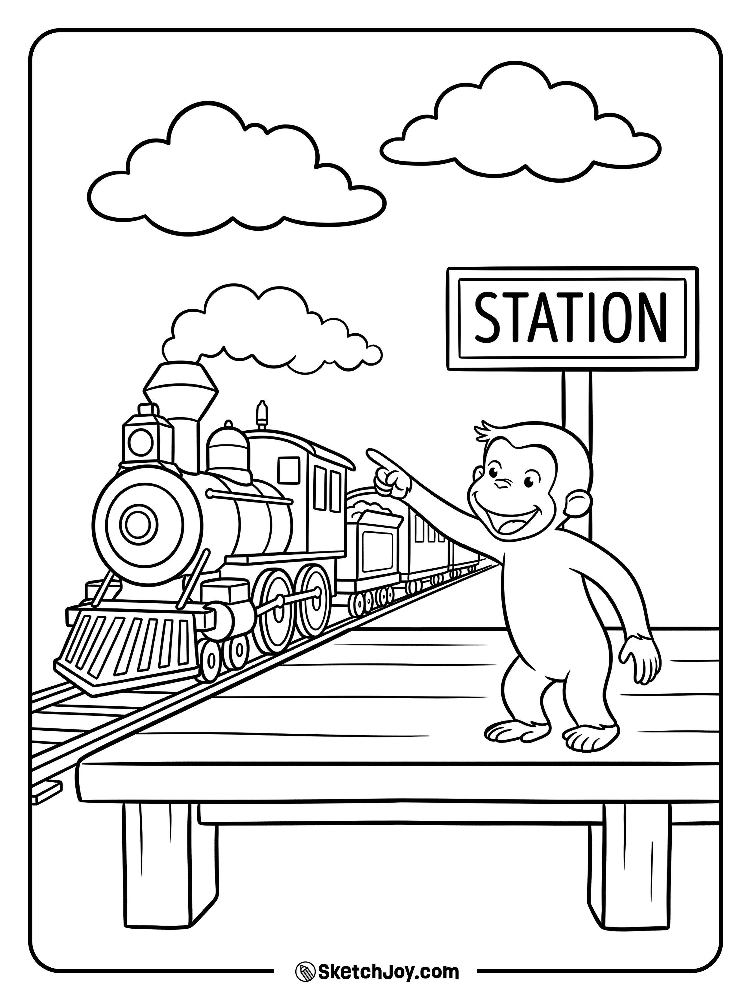 George watches a train arrive and points at the cars.