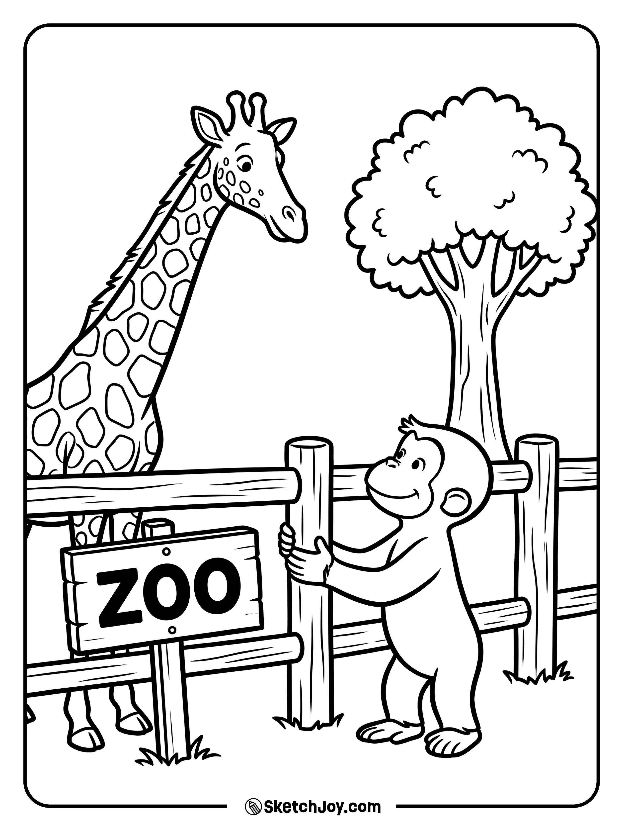 George watches a tall giraffe and laughs.