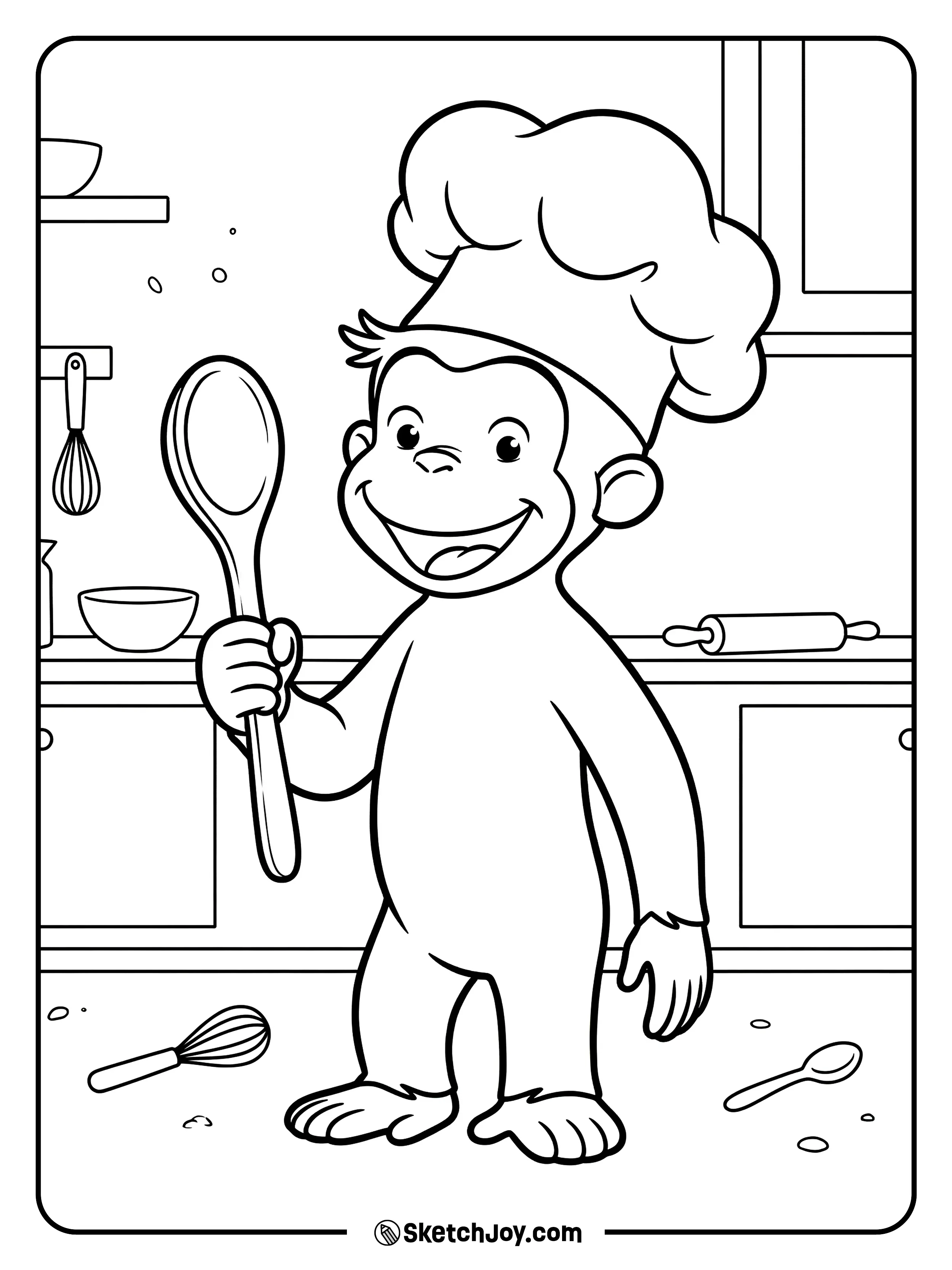George wears a chef hat and holds a mixing spoon.