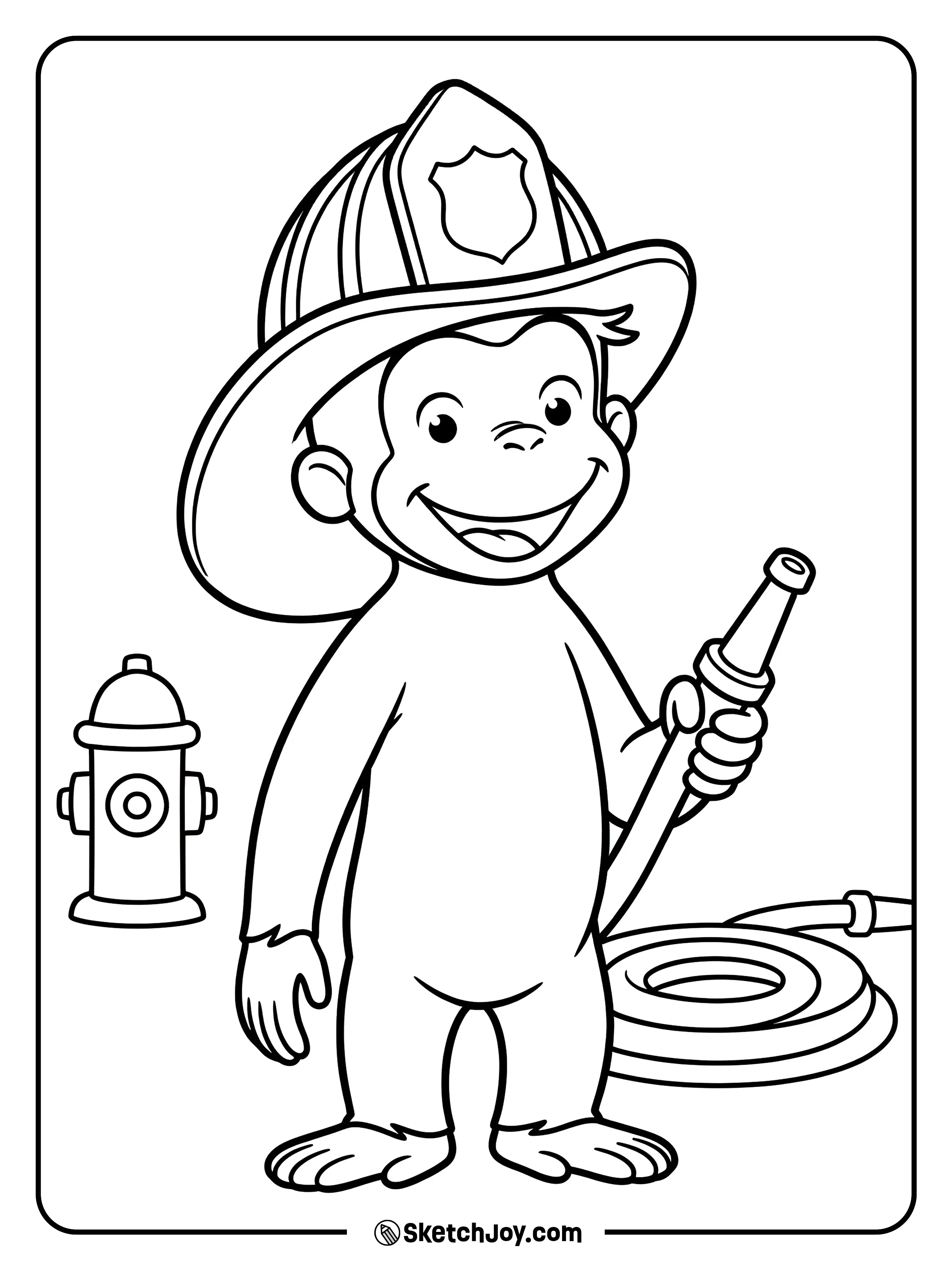 George wears a fire helmet and looks brave.