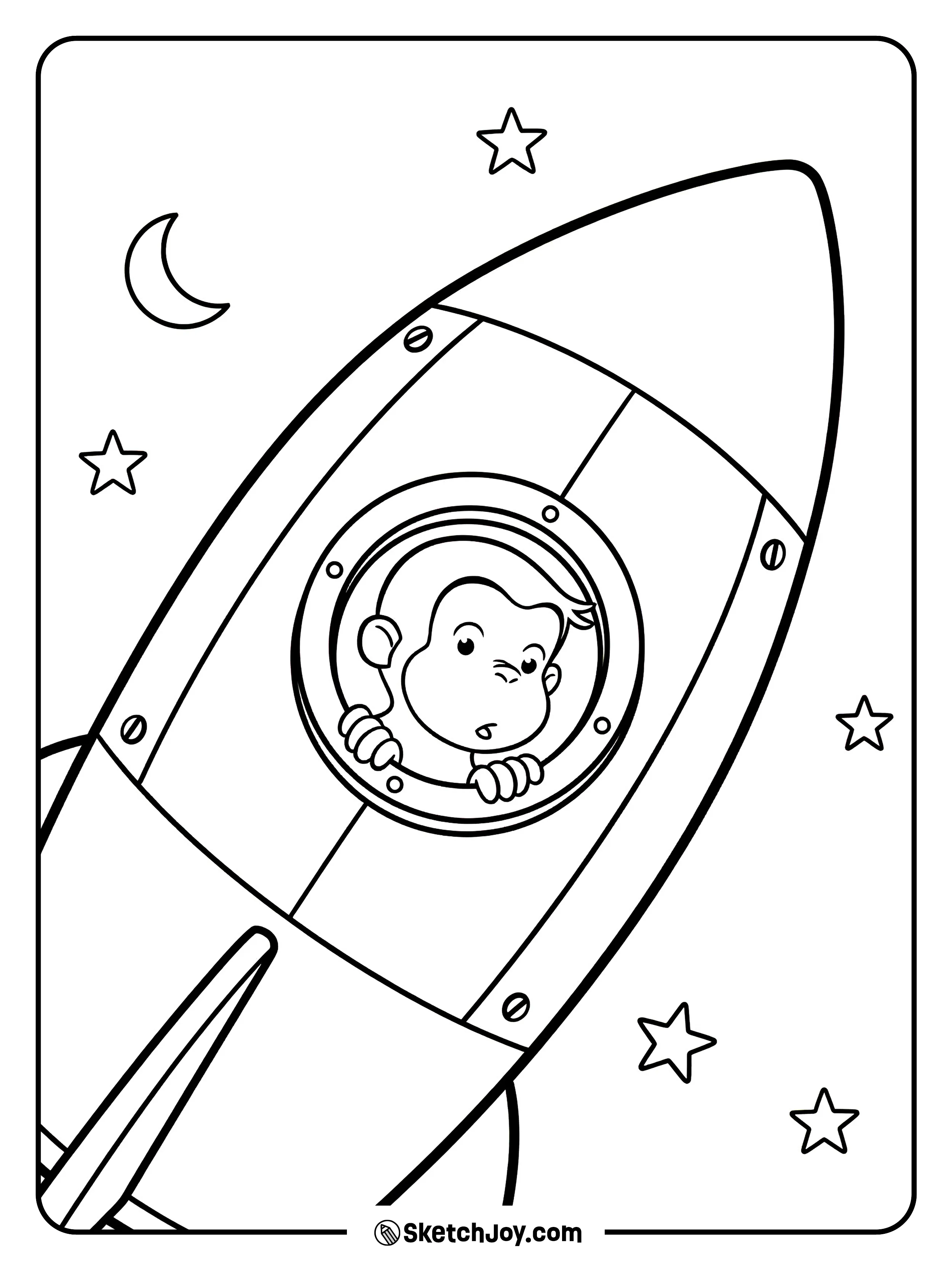 George peeks out from a rocket and looks amazed.