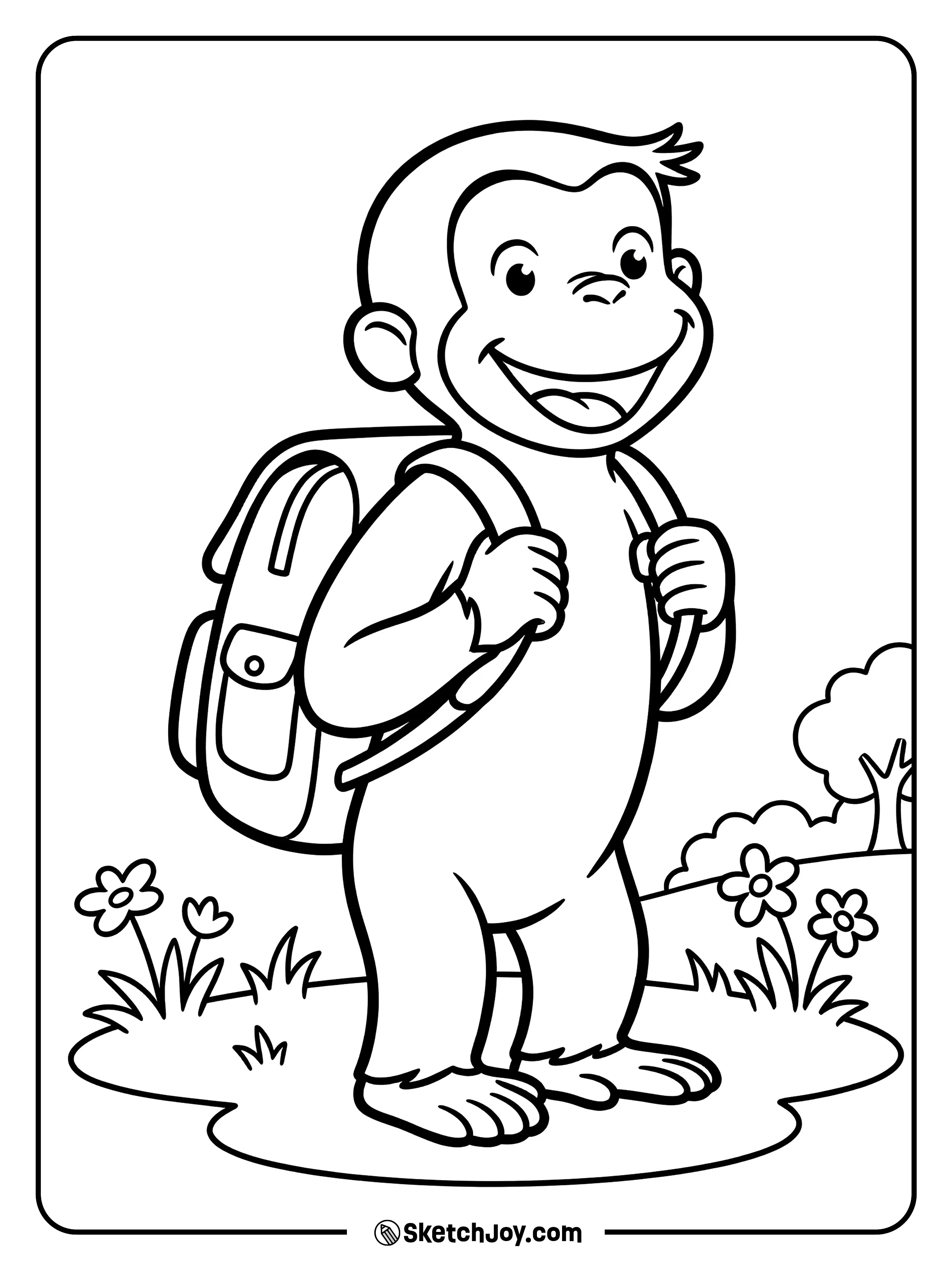 George wears a backpack and looks ready to go out.