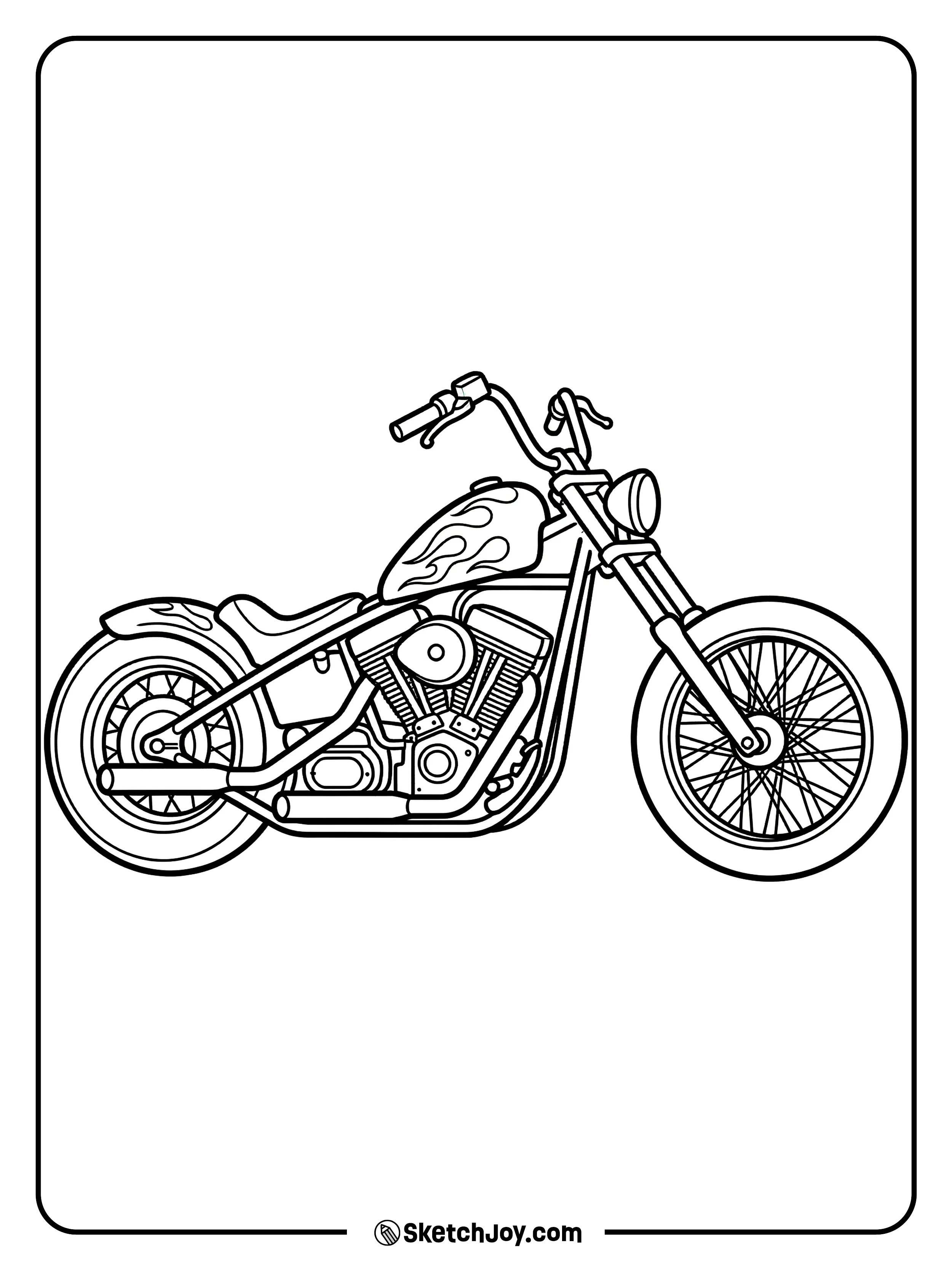 A bike has a tank with flame shapes to color in.