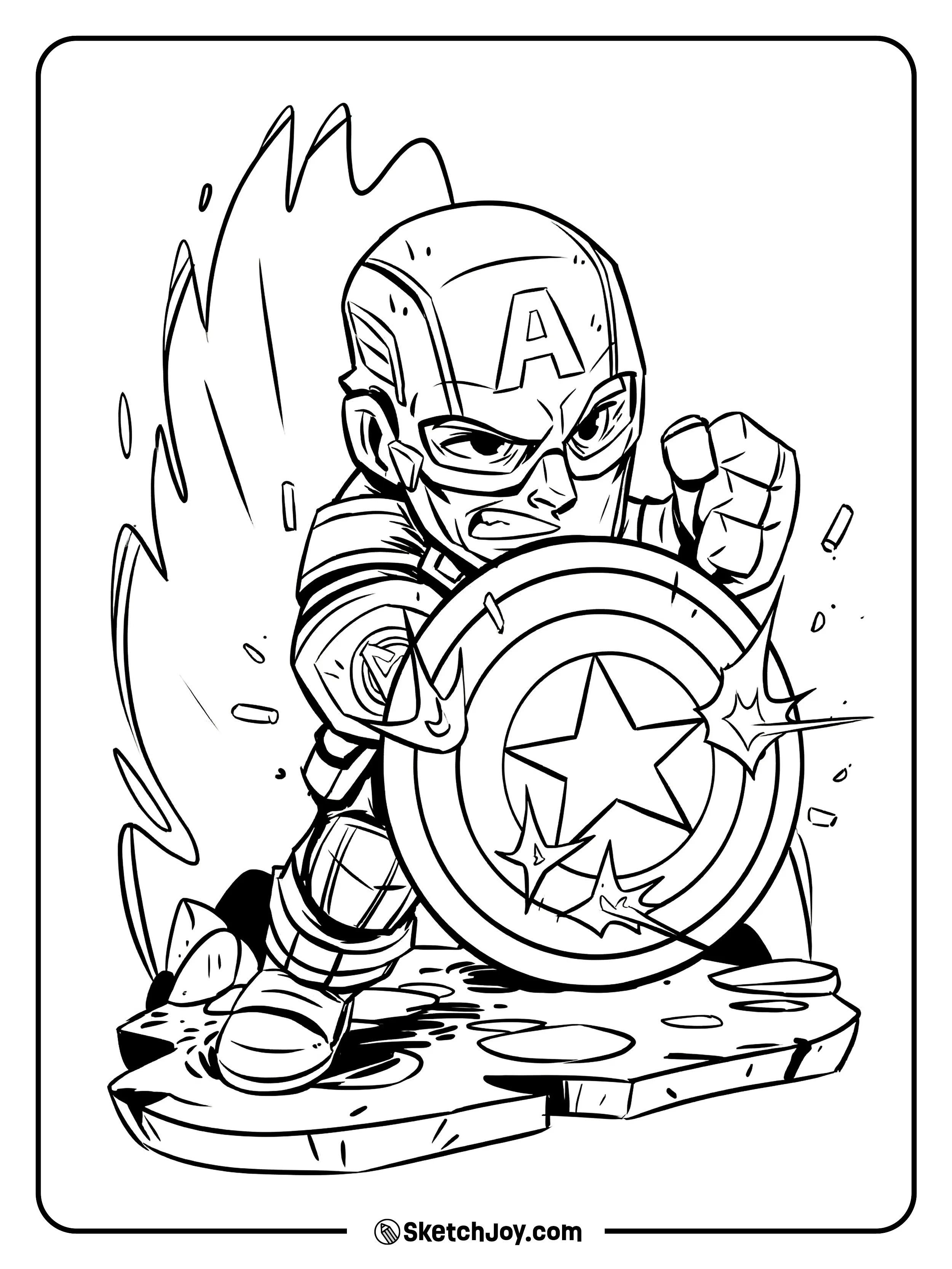 A cute Captain America charges forward with a punch and his shield.