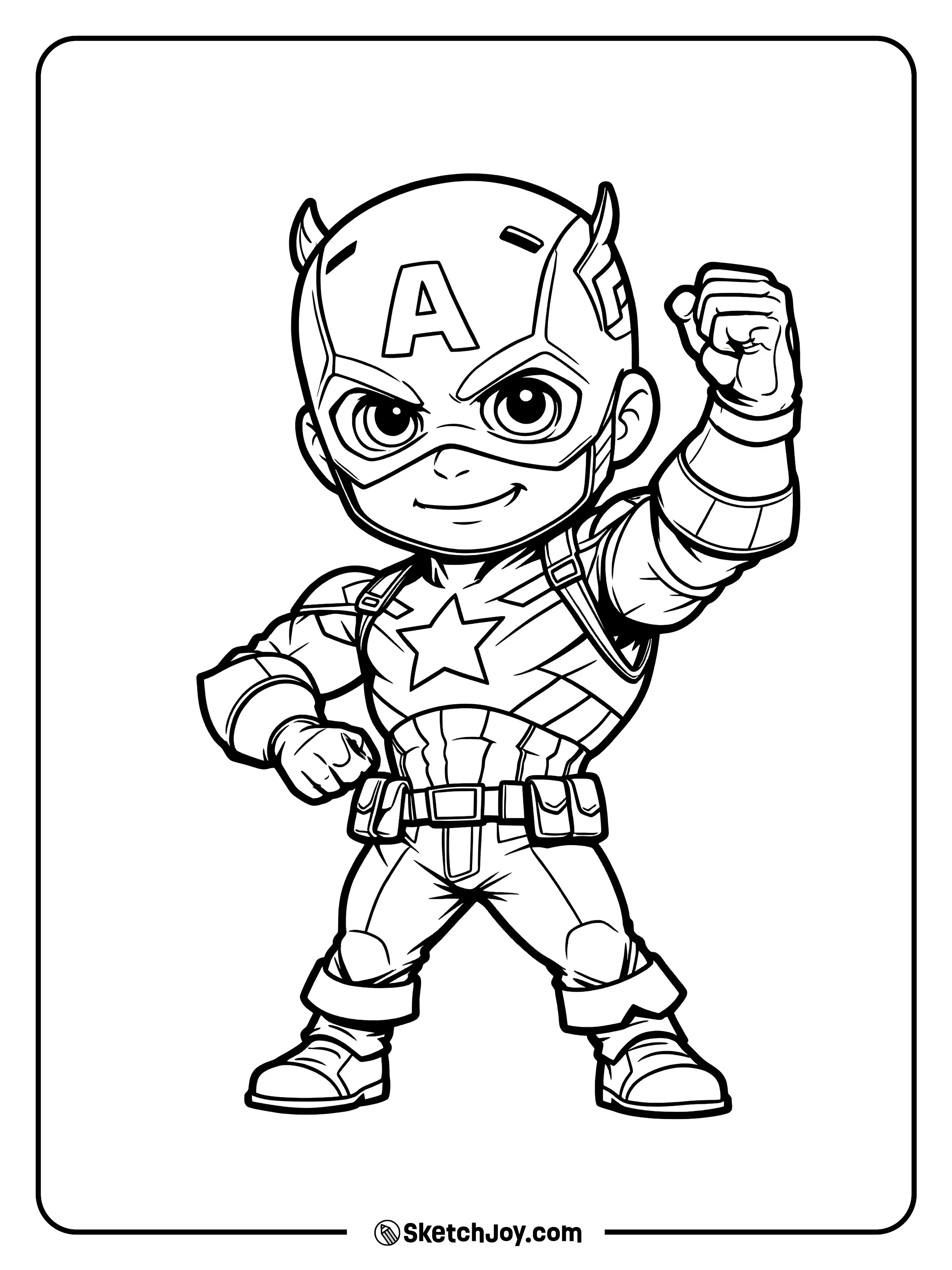 A cute Captain America smiles and raises his fist.