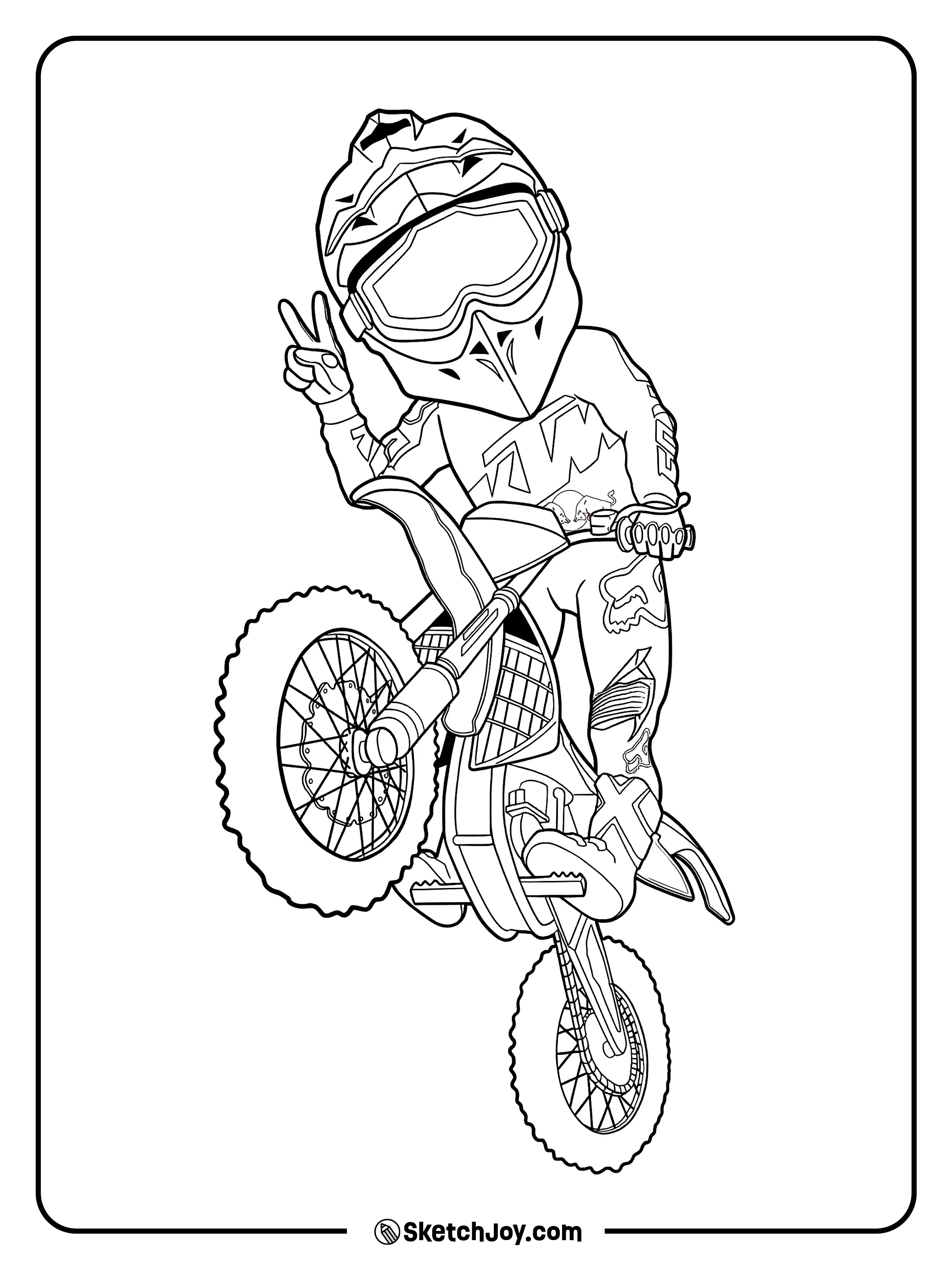 A cute motocross rider pops a wheelie and throws a peace sign.
