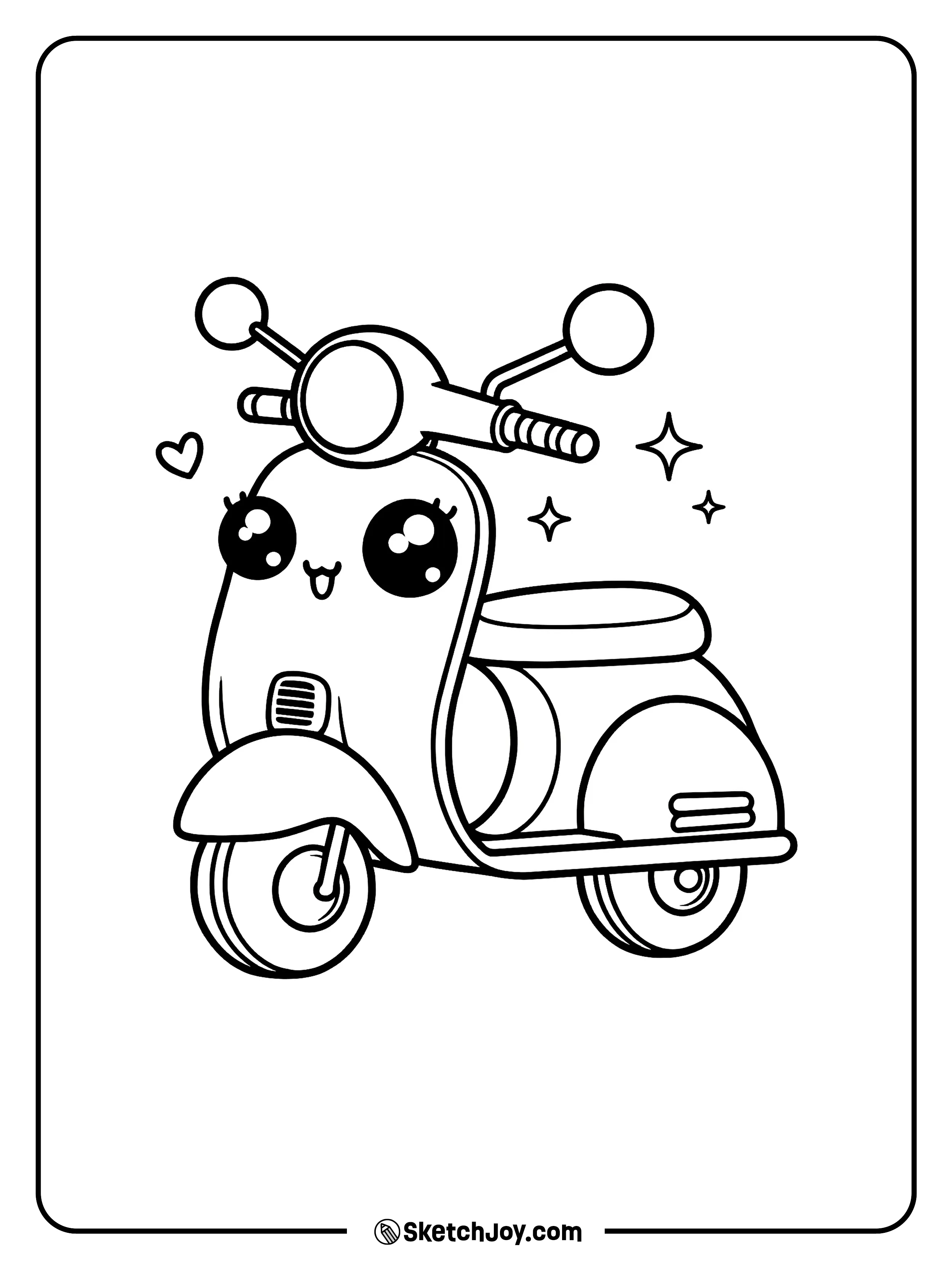 A smiling scooter sits with little hearts and sparkles around it.