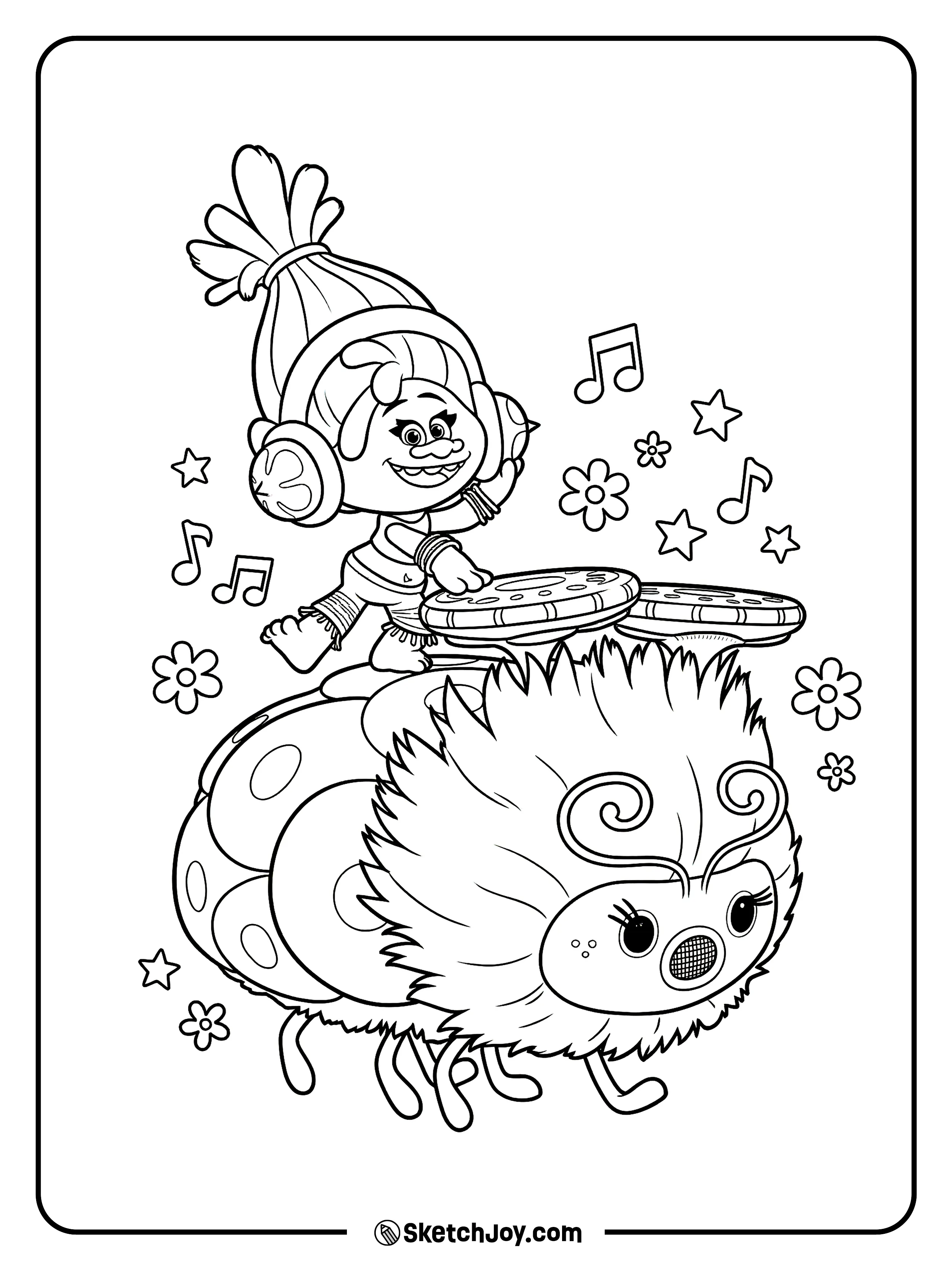 DJ Suki rides Wooferbug and plays drum pads with music notes around her.