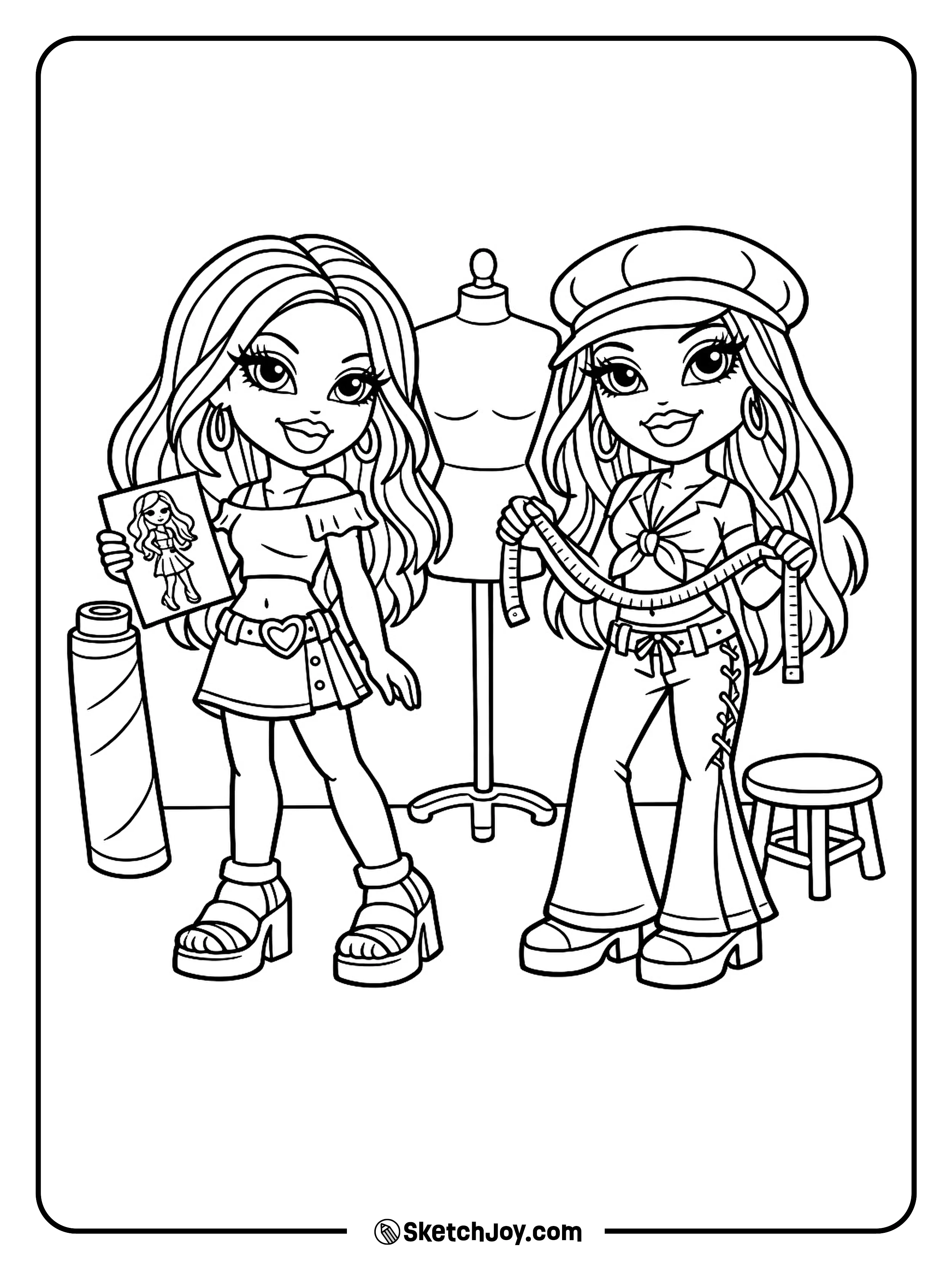 Dana and Fianna work on outfits with a mannequin and a small tape measure.