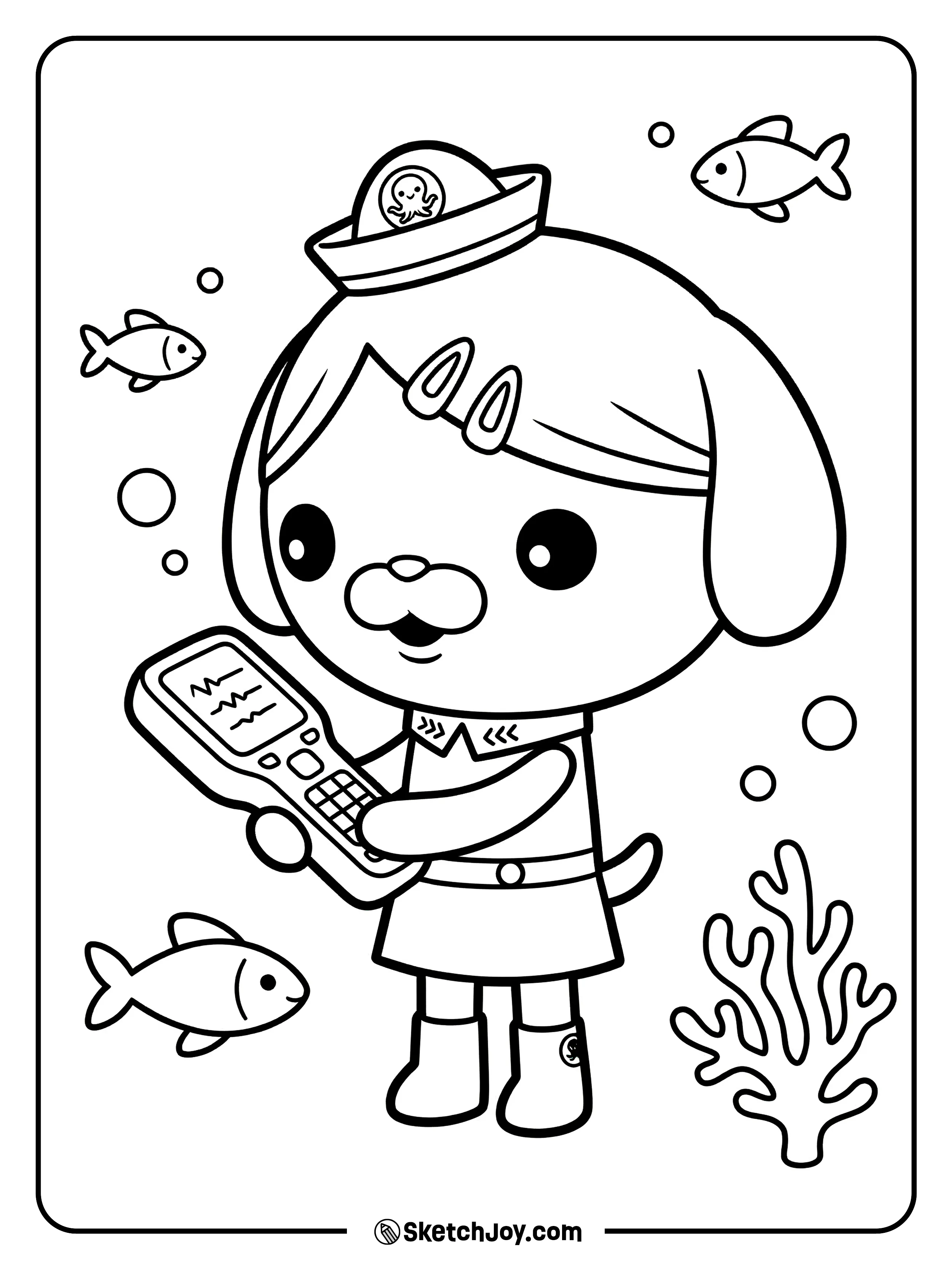 Dashi checks a handheld scanner while a few fish swim by.