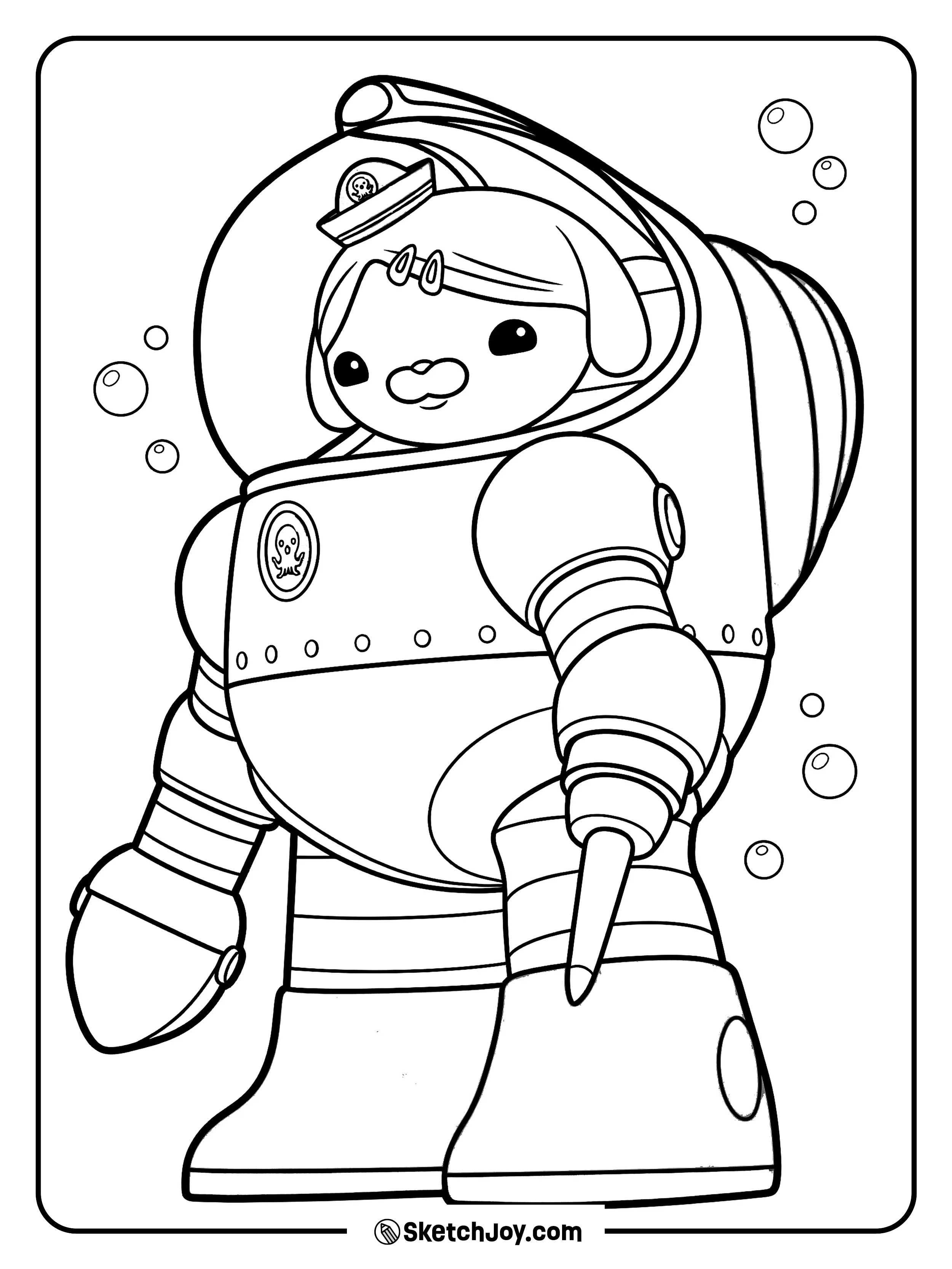 Dashi wears a big sea suit with a drill arm while bubbles float around her.