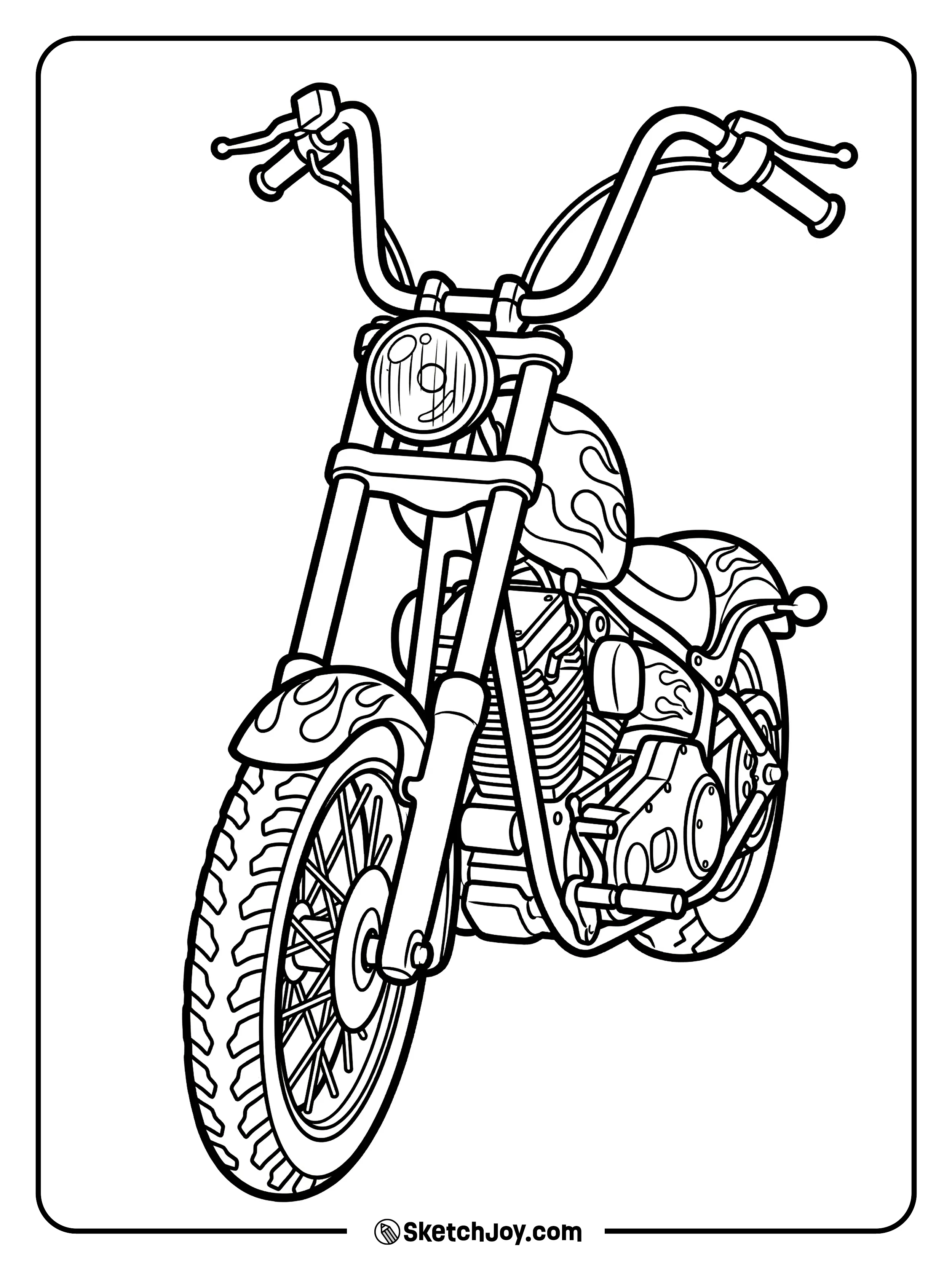 A chopper faces forward with a tall fork and wide bars.