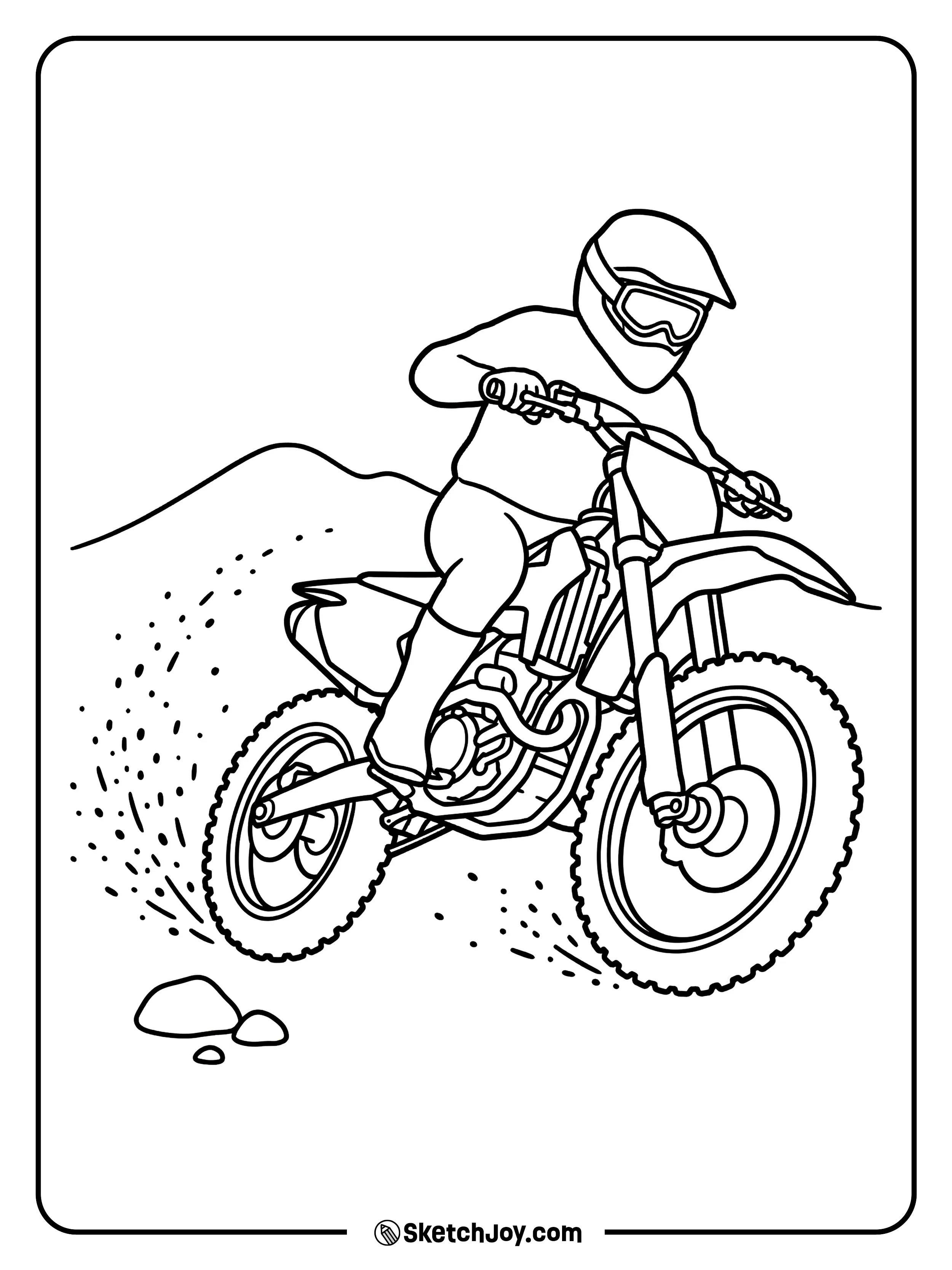 A dirt bike makes a sharp turn with dirt spraying out.