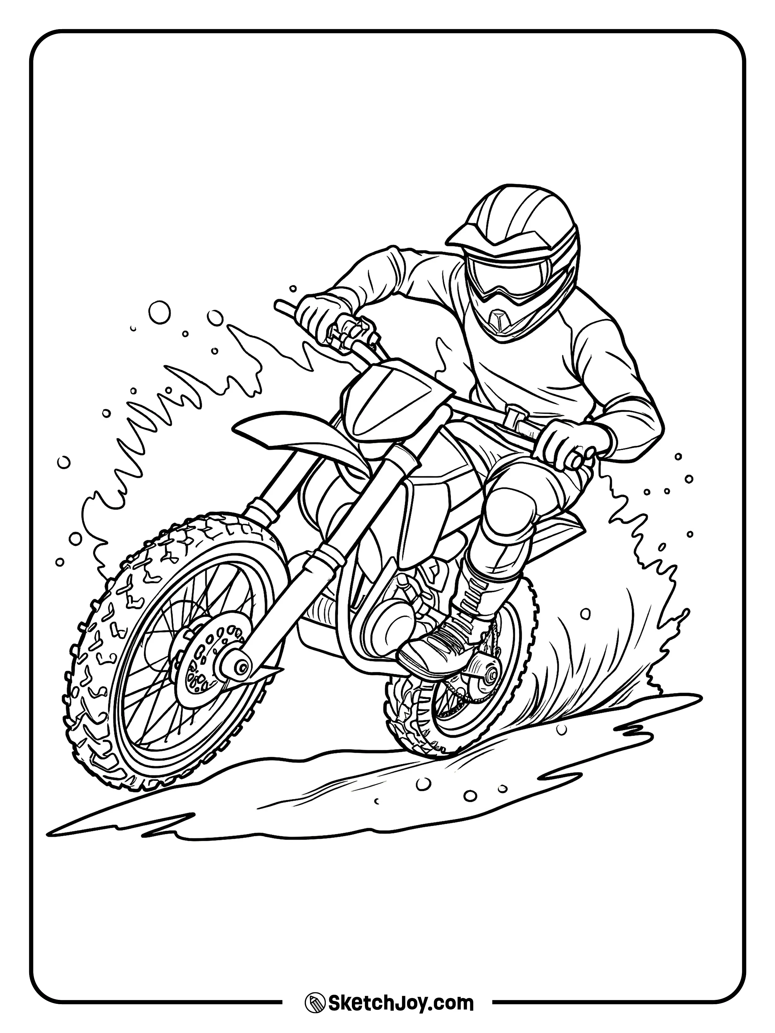 A dirt bike rider slides through a splash with mud flying out.